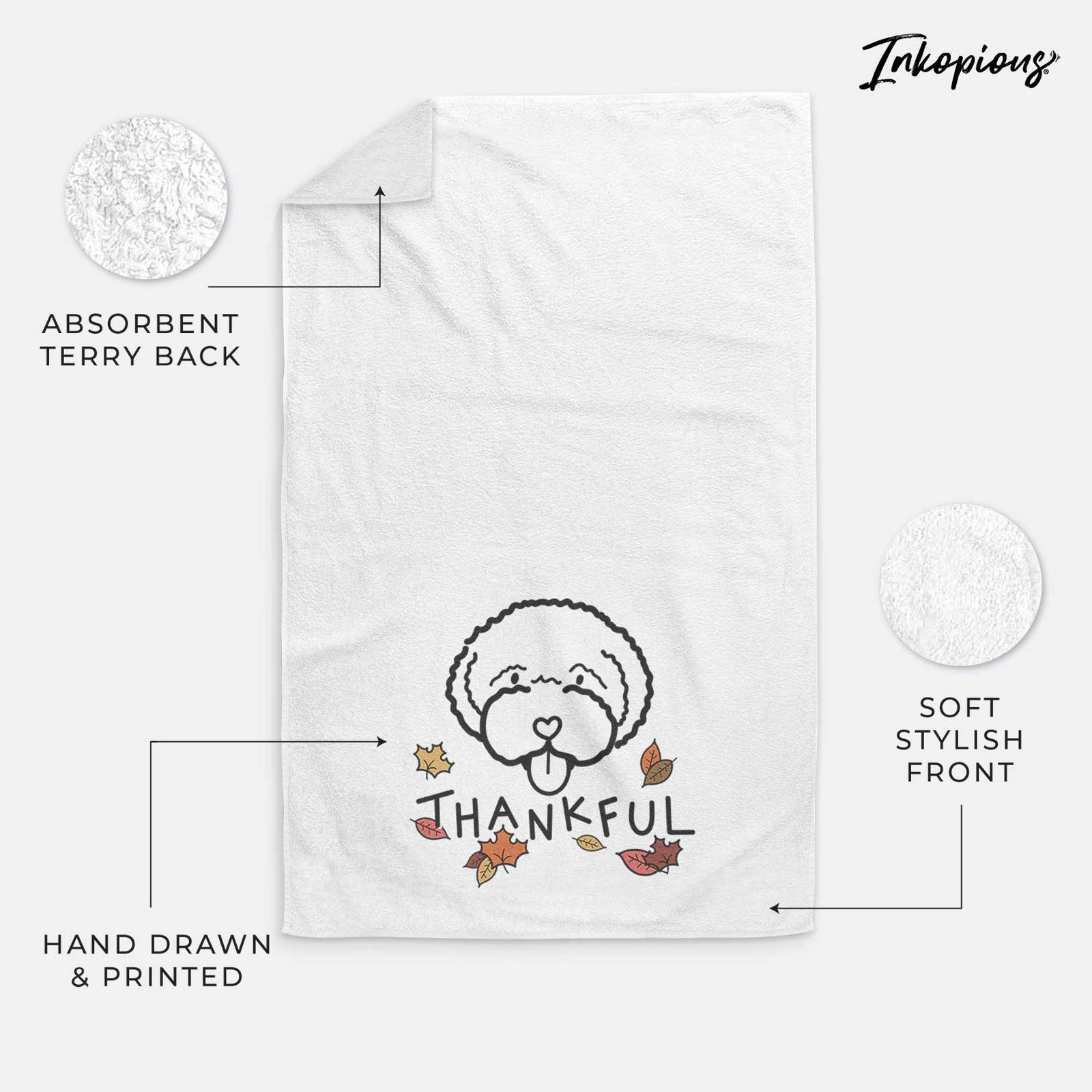 Minimalist line drawing of a Lagotta Romagnolo with 'Thankful' lettering on a decorative hand towel