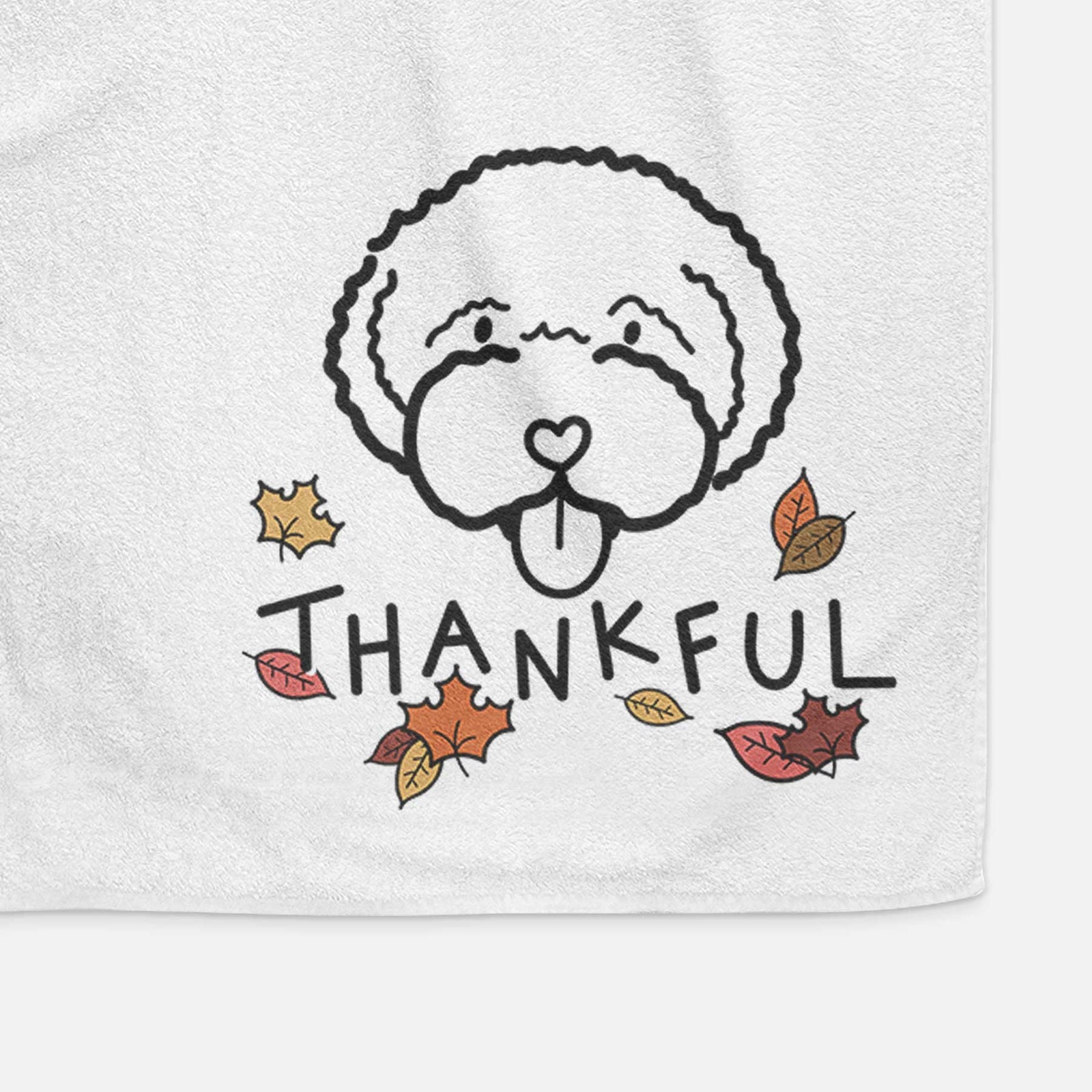 Minimalist line drawing of a Lagotta Romagnolo with 'Thankful' lettering on a decorative hand towel