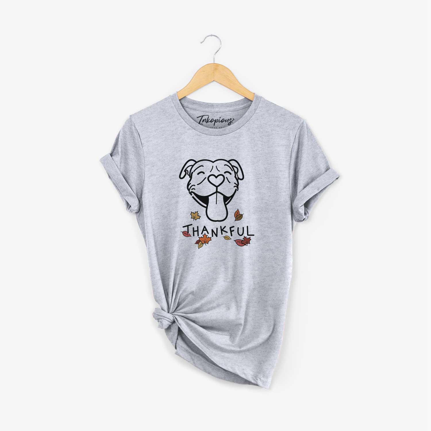 Minimalist line drawing of Louie the Pitbull with 'Thankful' lettering on a Grey Unisex crewneck