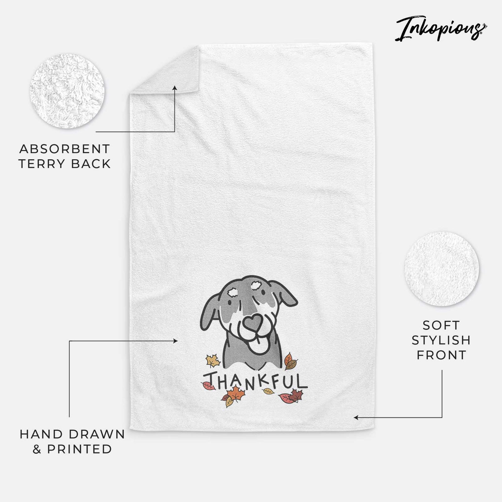 Minimalist line drawing of Lousia the Mixed Breed with 'Thankful' lettering on a decorative hand towel