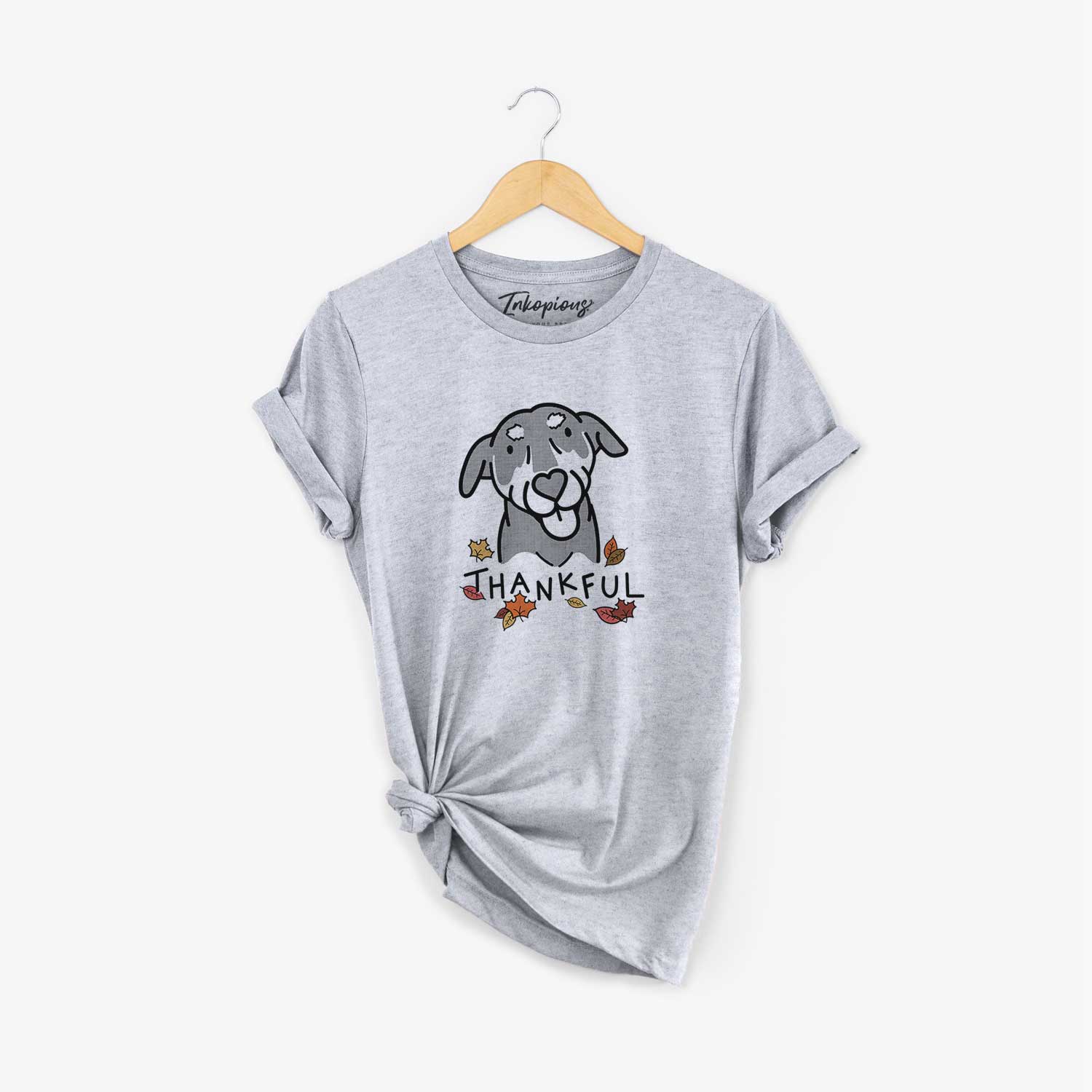Minimalist line drawing of Lousia the Mixed Breed with 'Thankful' lettering on a Grey Unisex crewneck