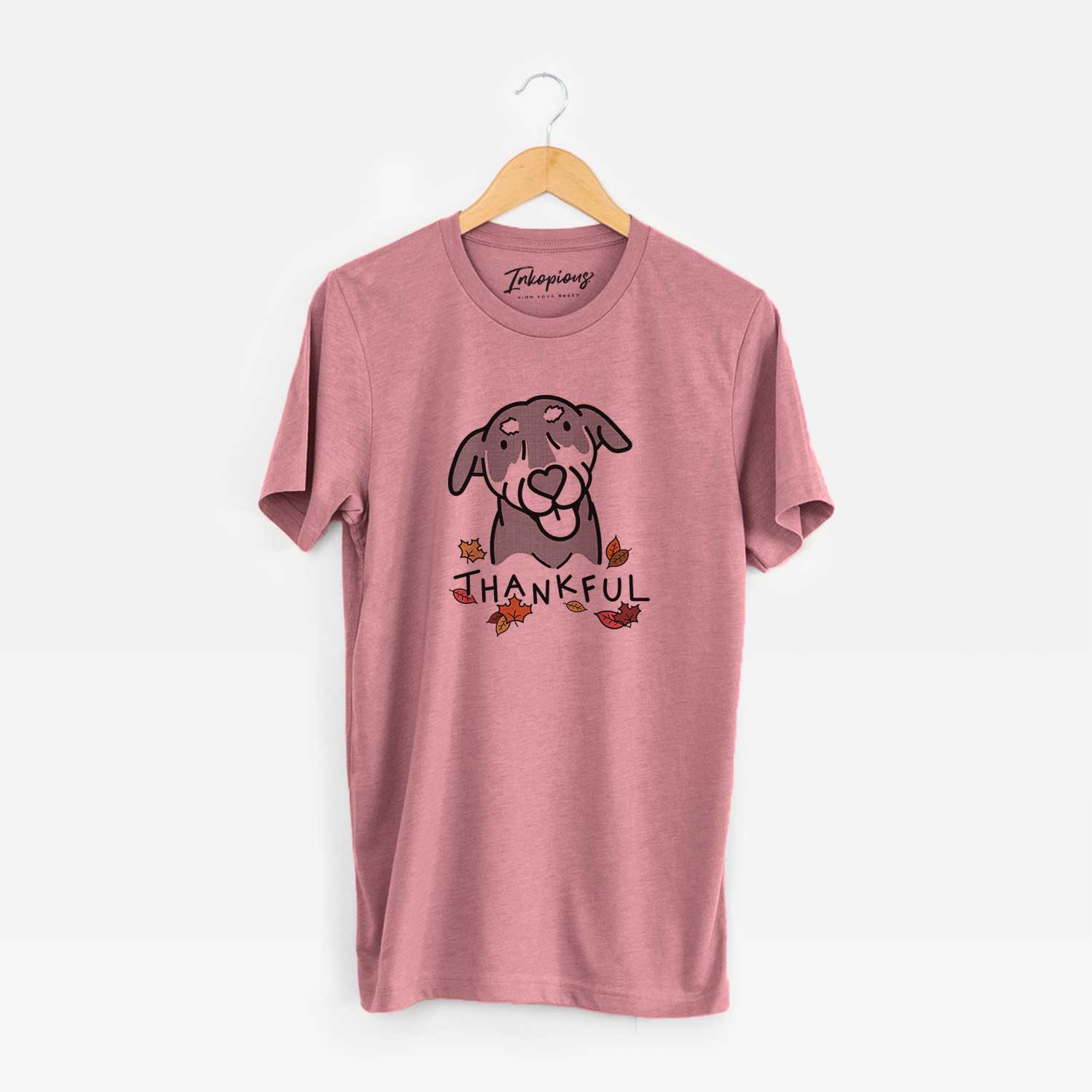 Minimalist line drawing of Lousia the Mixed Breed with 'Thankful' lettering on a Mauve Unisex crewneck