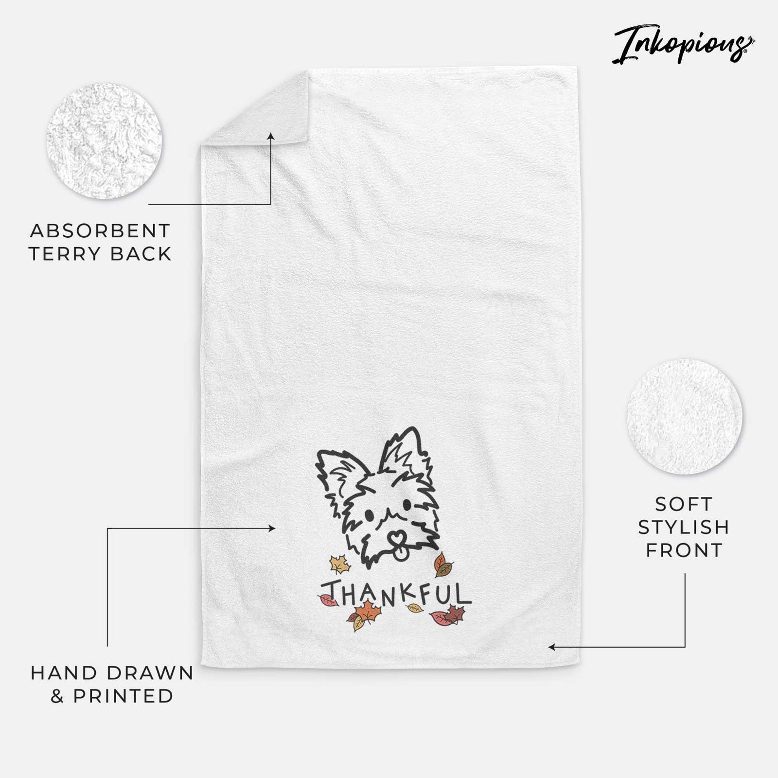 Minimalist line drawing of Luna the Yorkshire Terrier with 'Thankful' lettering on a decorative hand towel