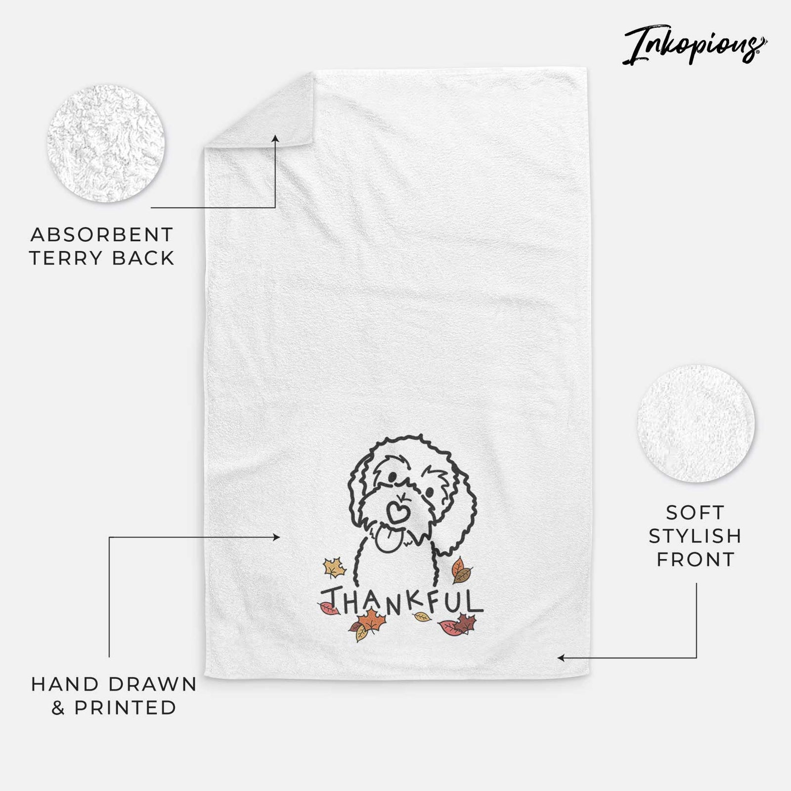 Minimalist line drawing of Mabel the Bernedoodle with 'Thankful' lettering on a decorative hand towel