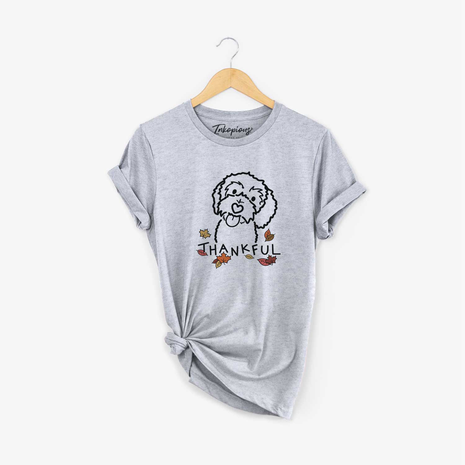 Minimalist line drawing of Mabel the Bernedoodle with 'Thankful' lettering on a Grey Unisex crewneck