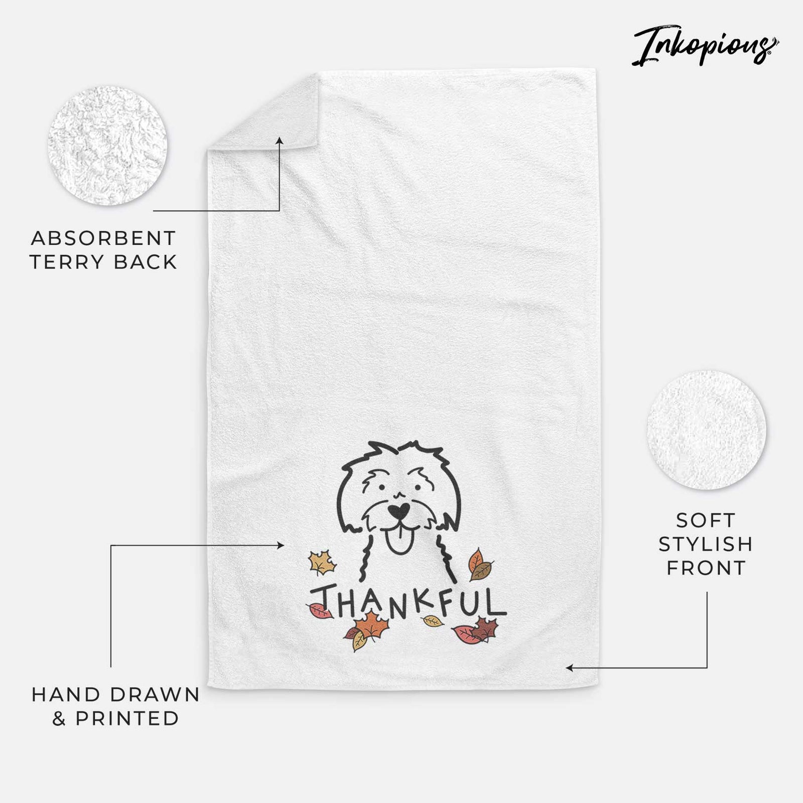 Minimalist line drawing of a Maltese with 'Thankful' lettering on a decorative hand towel