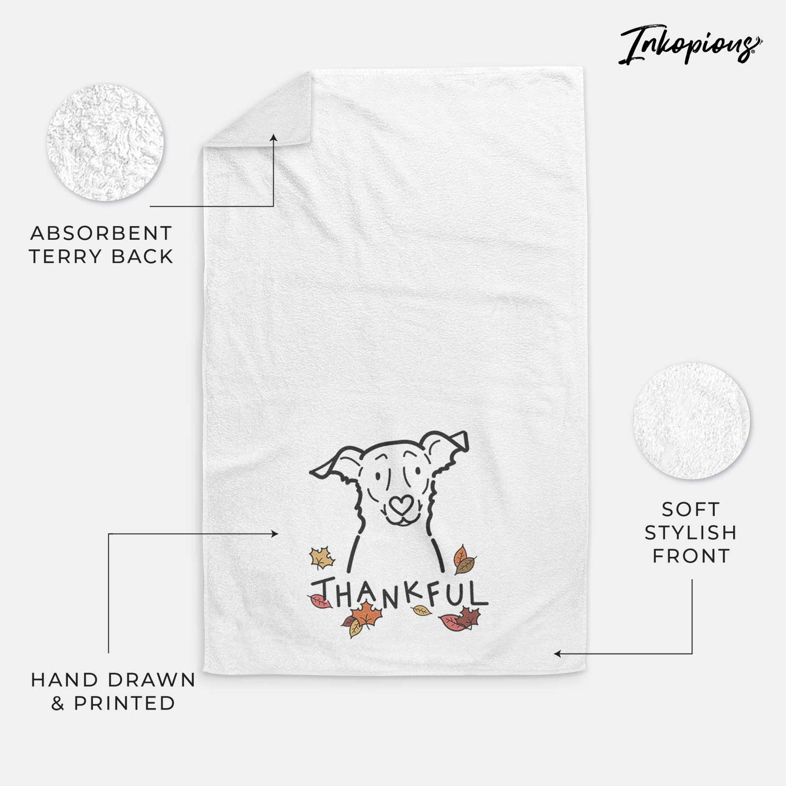 Minimalist line drawing of Millie the Border Collie Mix with 'Thankful' lettering on a decorative hand towel