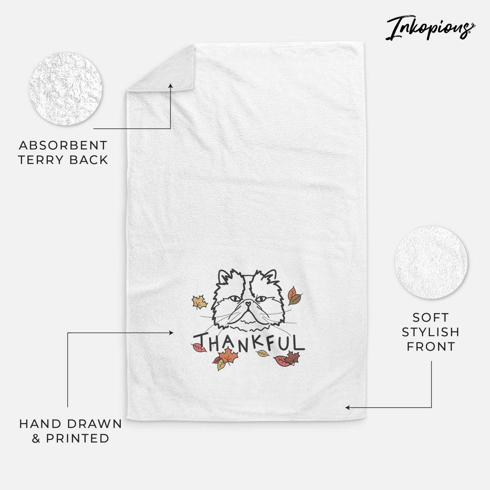 Minimalist line drawing of Mila the Persian Cat with 'Thankful' lettering on a decorative hand towel
