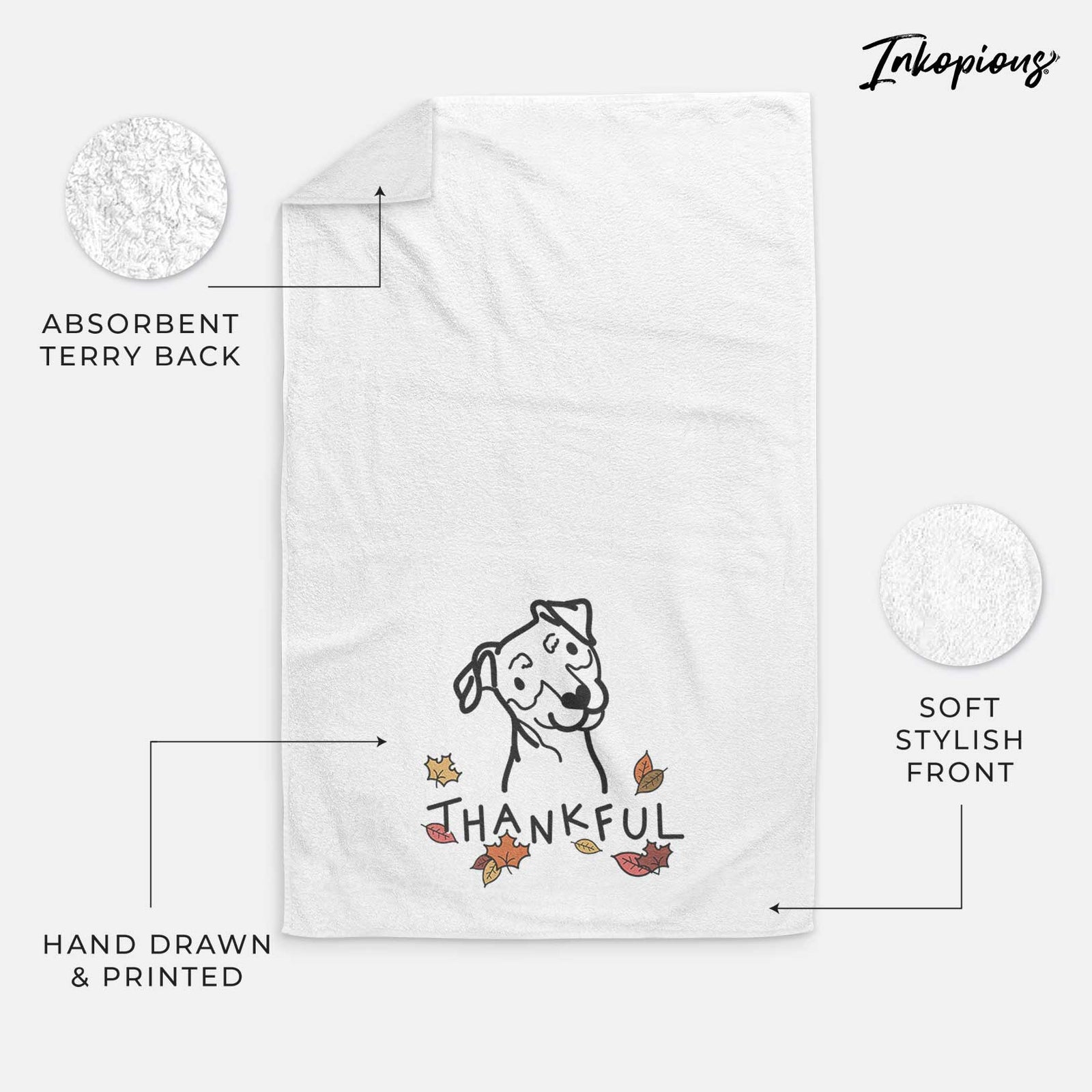 Minimalist line drawing of a Mini Pinscher with 'Thankful' lettering on a decorative hand towel