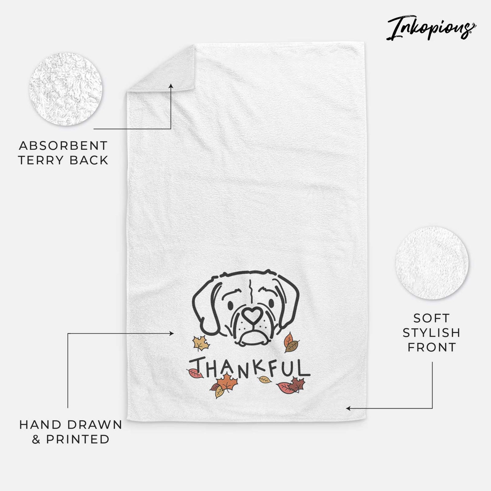 Minimalist line drawing of Mitzi the Puggle with 'Thankful' lettering on a decorative hand towel