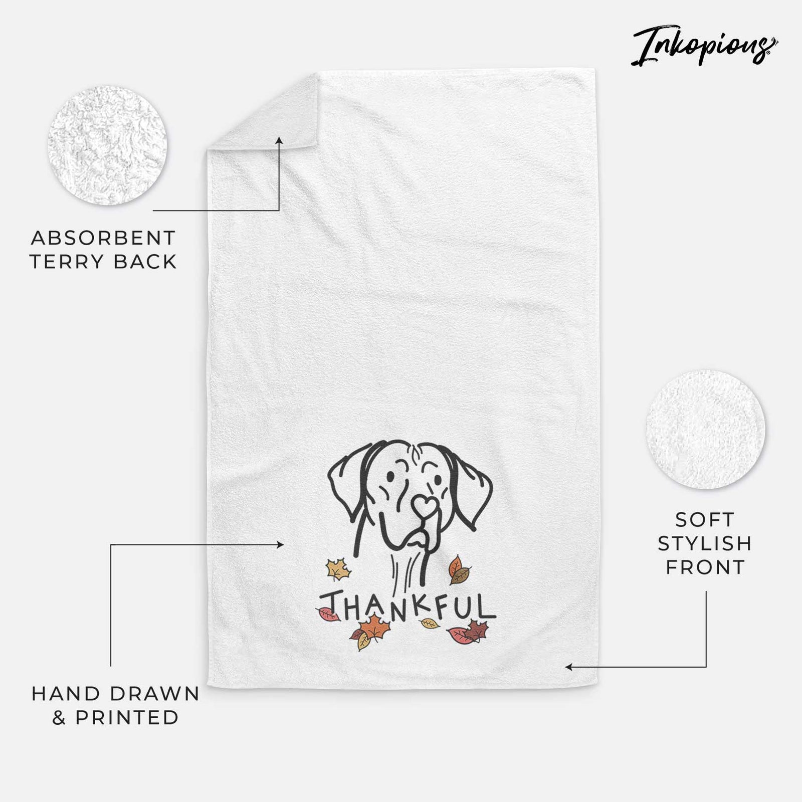 Minimalist line drawing of Moose the Vizsla with 'Thankful' lettering on a decorative hand towel