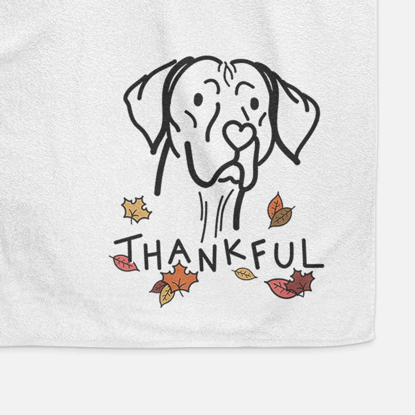 Minimalist line drawing of Moose the Vizsla with 'Thankful' lettering on a decorative hand towel