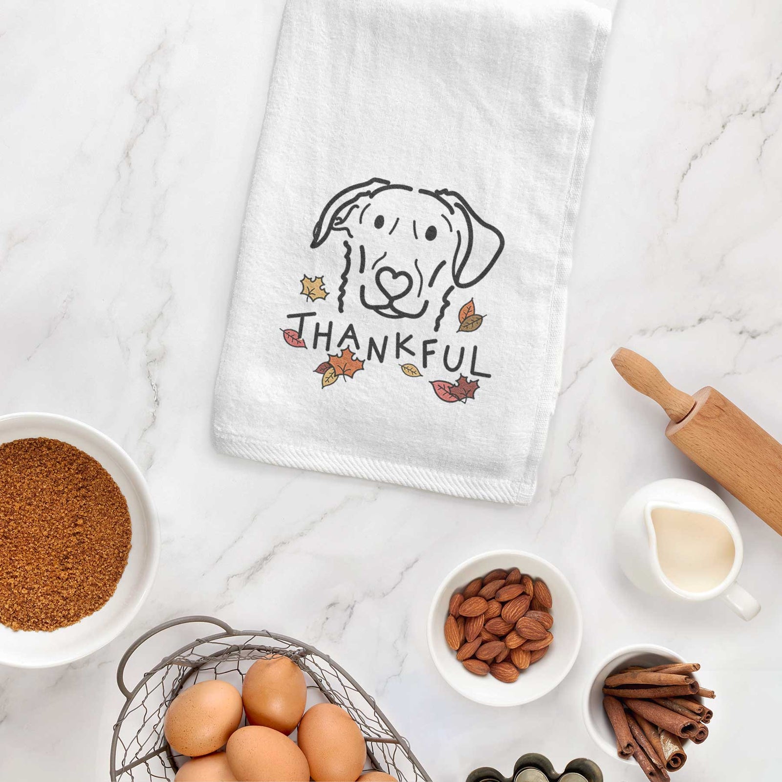 Minimalist line drawing of Morrison the German Shepherd Mix with 'Thankful' lettering on a decorative hand towel