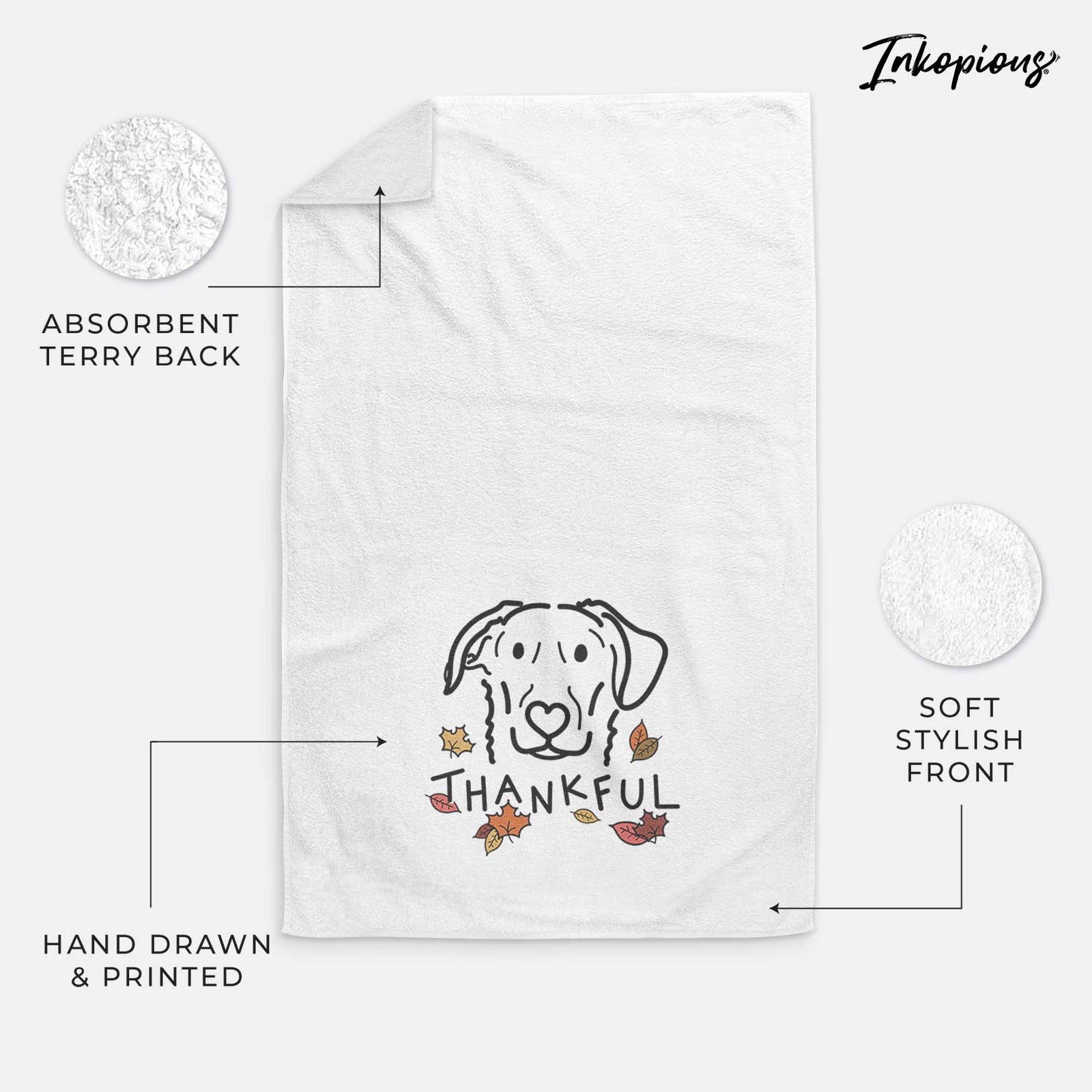 Minimalist line drawing of Morrison the German Shepherd Mix with 'Thankful' lettering on a decorative hand towel