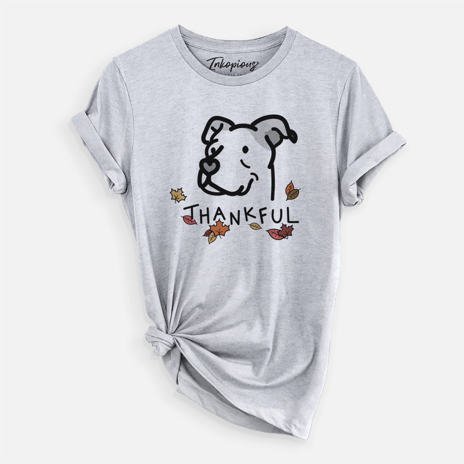 Minimalist line drawing of Mr. Sir the Pitbull Mix with 'Thankful' lettering on a Grey Unisex crewneck