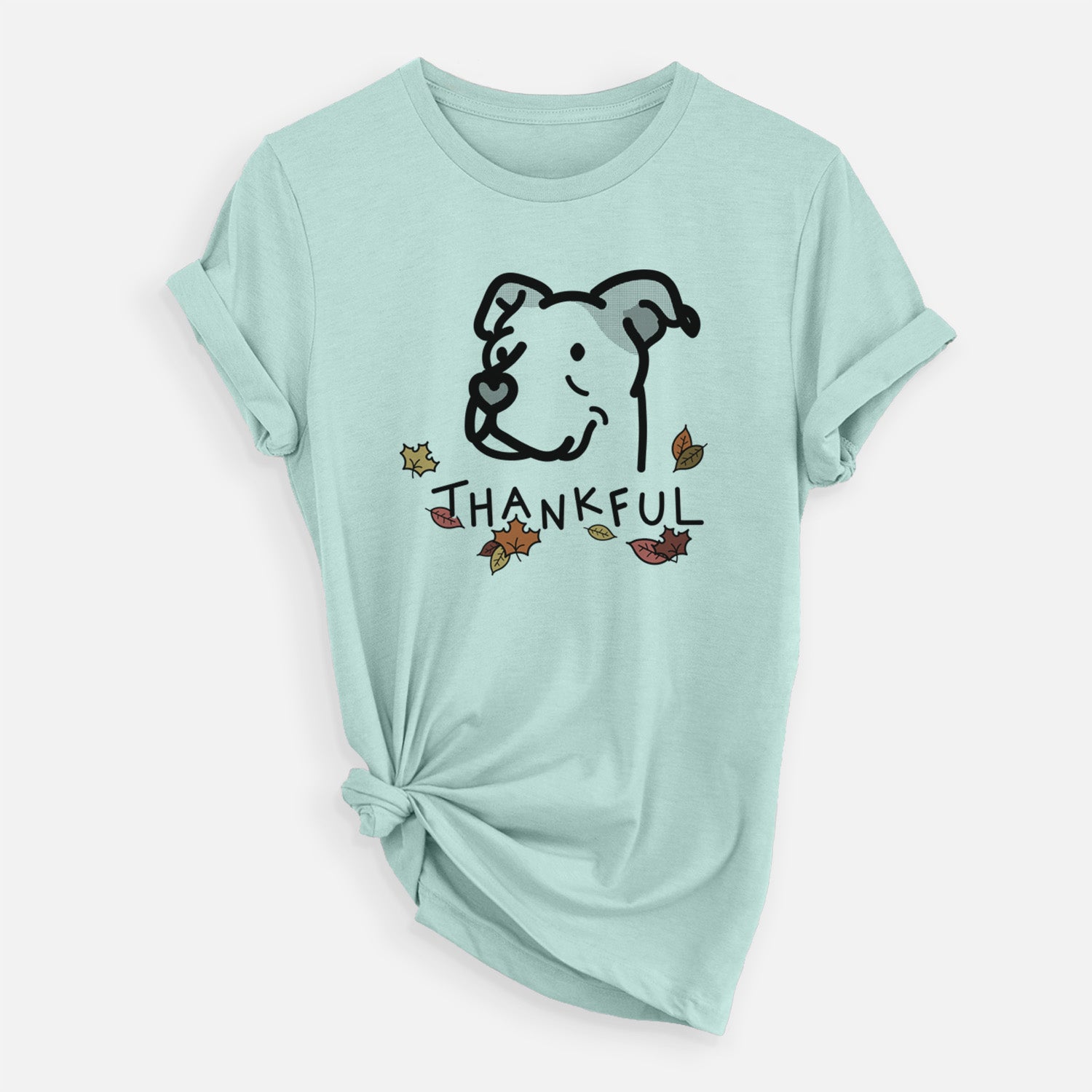Minimalist line drawing of Mr. Sir the Pitbull Mix with 'Thankful' lettering on a Heather Sage Unisex crewneck