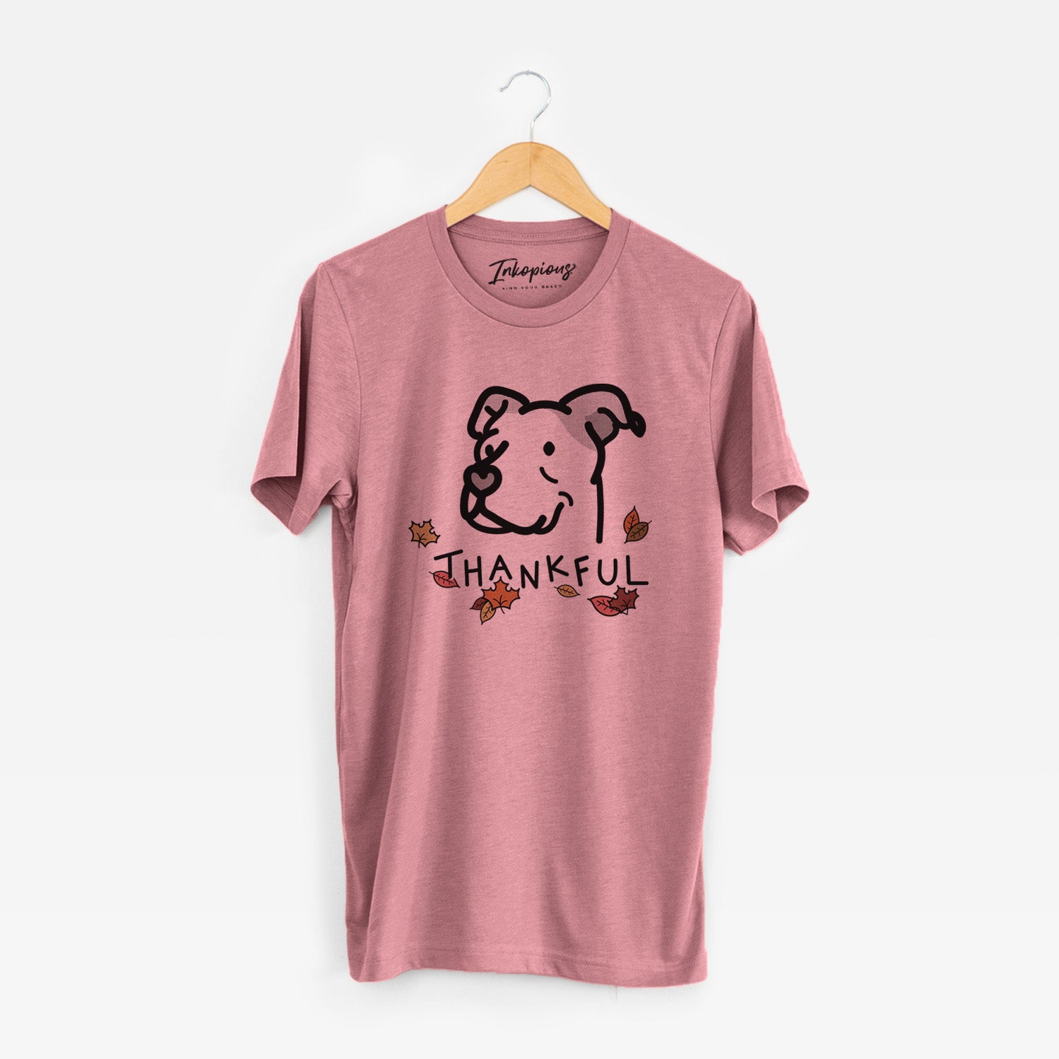 Minimalist line drawing of Mr. Sir the Pitbull Mix with 'Thankful' lettering on a Mauve Unisex crewneck