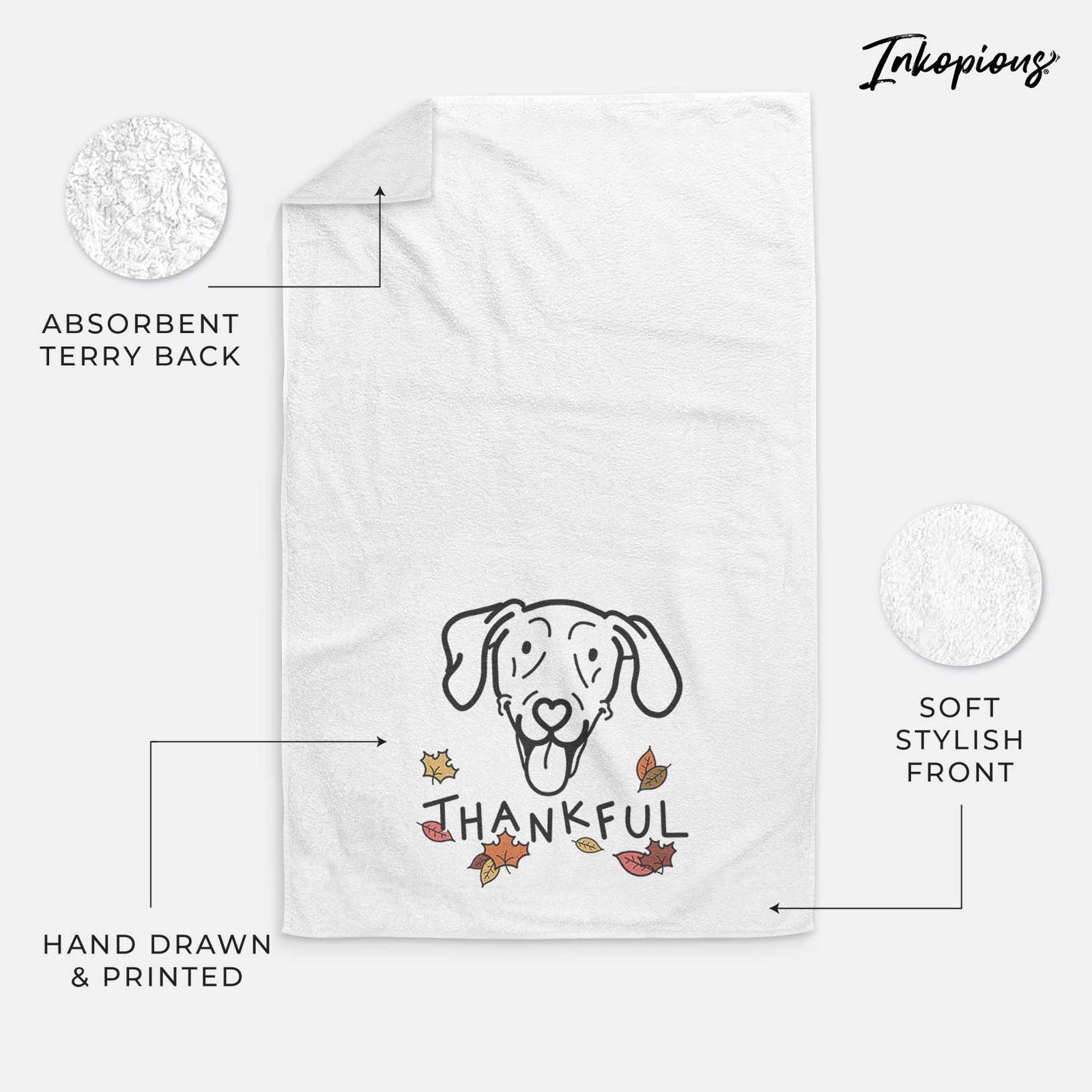 Minimalist line drawing of Paco Lobo the Weimaraner with 'Thankful' lettering on a decorative hand towel