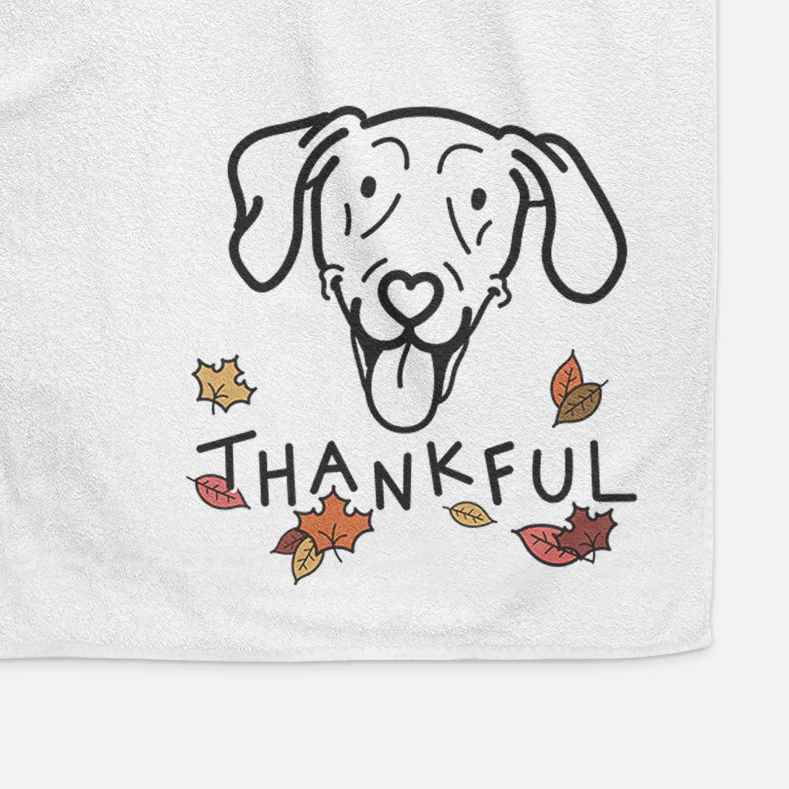 Minimalist line drawing of Paco Lobo the Weimaraner with 'Thankful' lettering on a decorative hand towel
