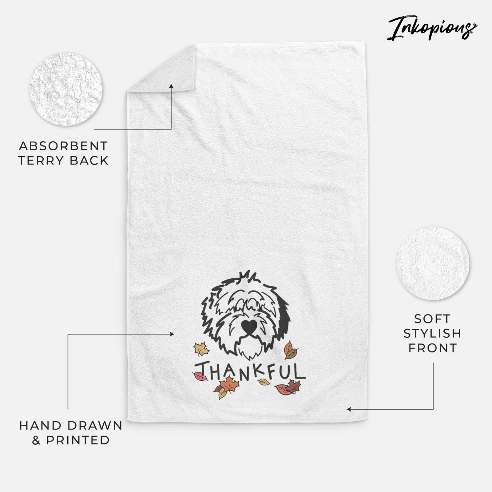 Minimalist line drawing of Penny the Old English Sheepdog with 'Thankful' lettering on a decorative hand towel