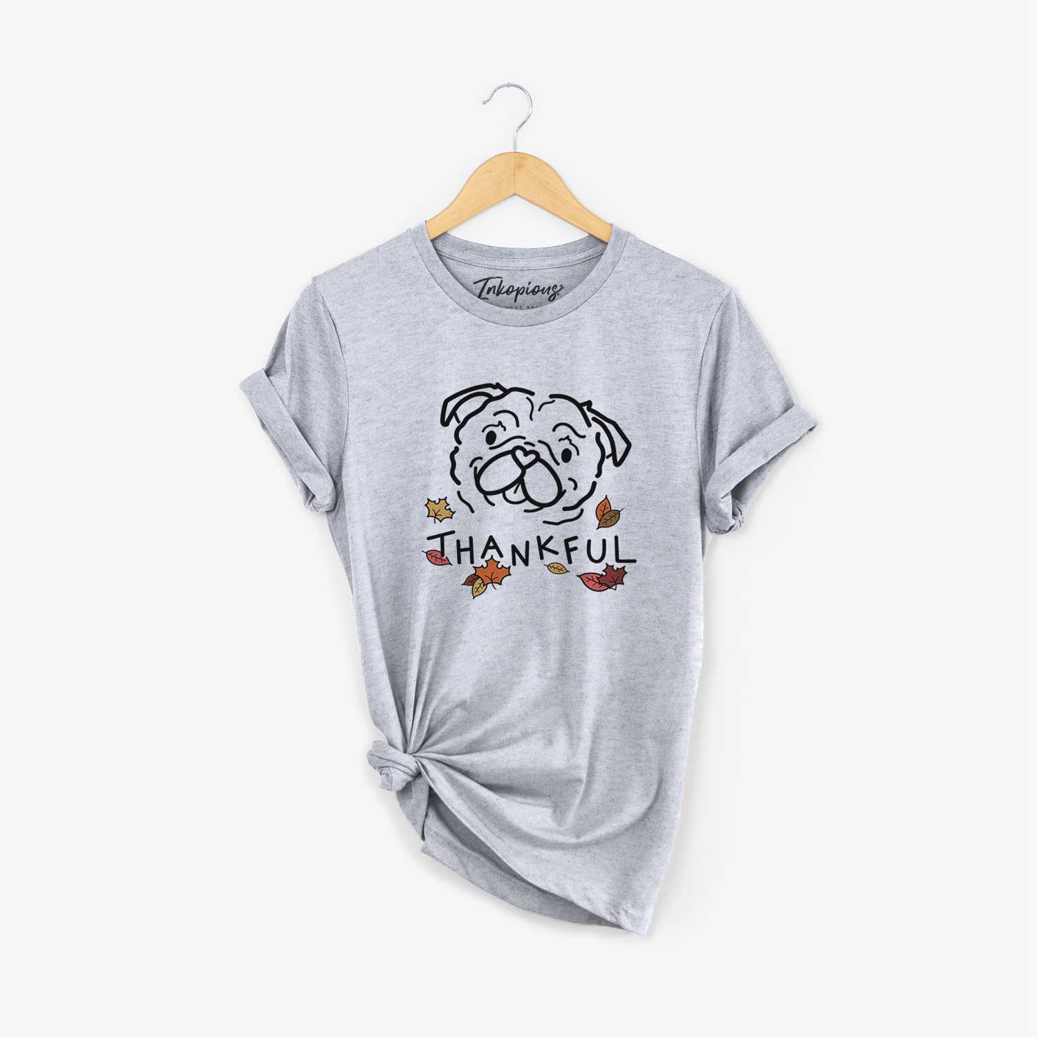 Minimalist line drawing of Pip the Pug with 'Thankful' lettering on a Grey Unisex crewneck