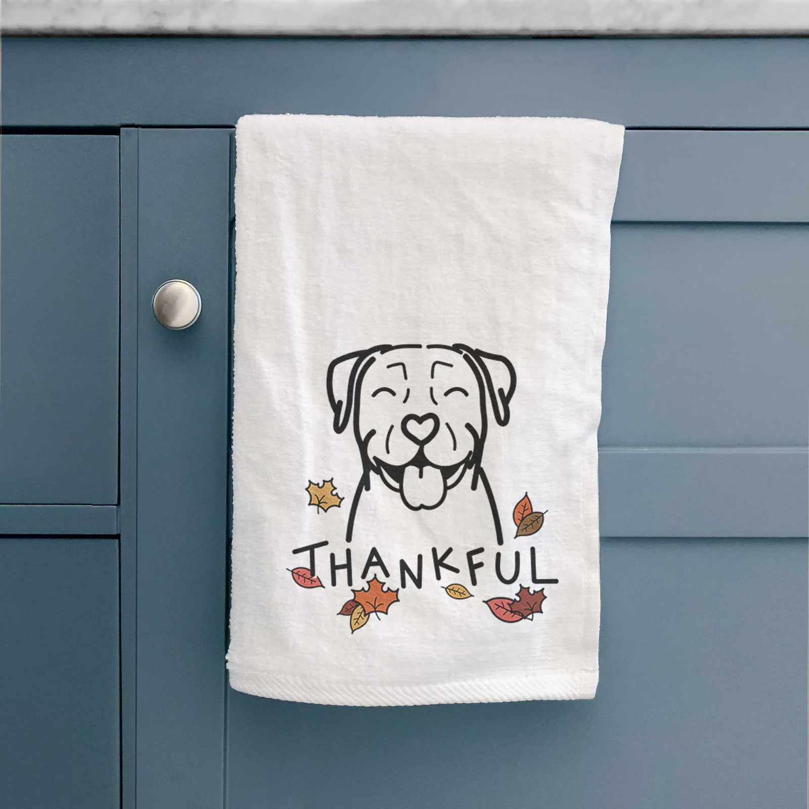 Minimalist line drawing of a Pitbull with 'Thankful' lettering on a decorative hand towel