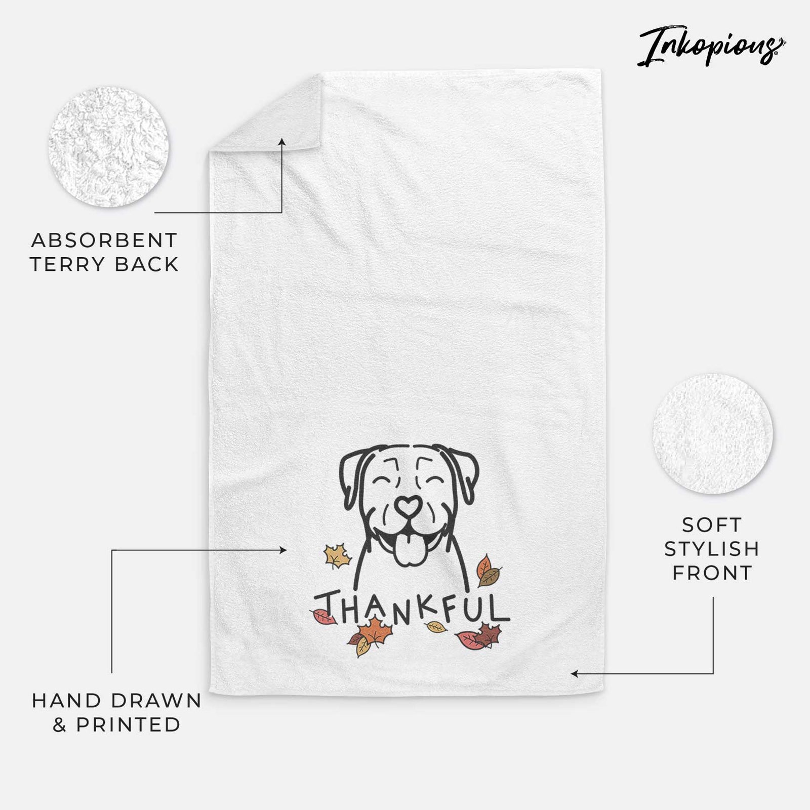 Minimalist line drawing of a Pitbull with 'Thankful' lettering on a decorative hand towel