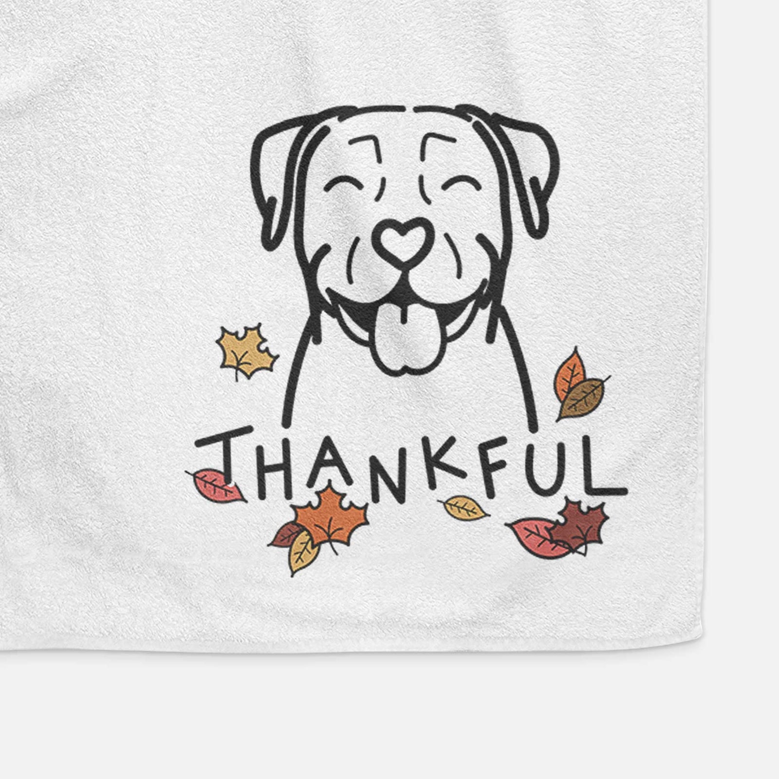 Minimalist line drawing of a Pitbull with 'Thankful' lettering on a decorative hand towel