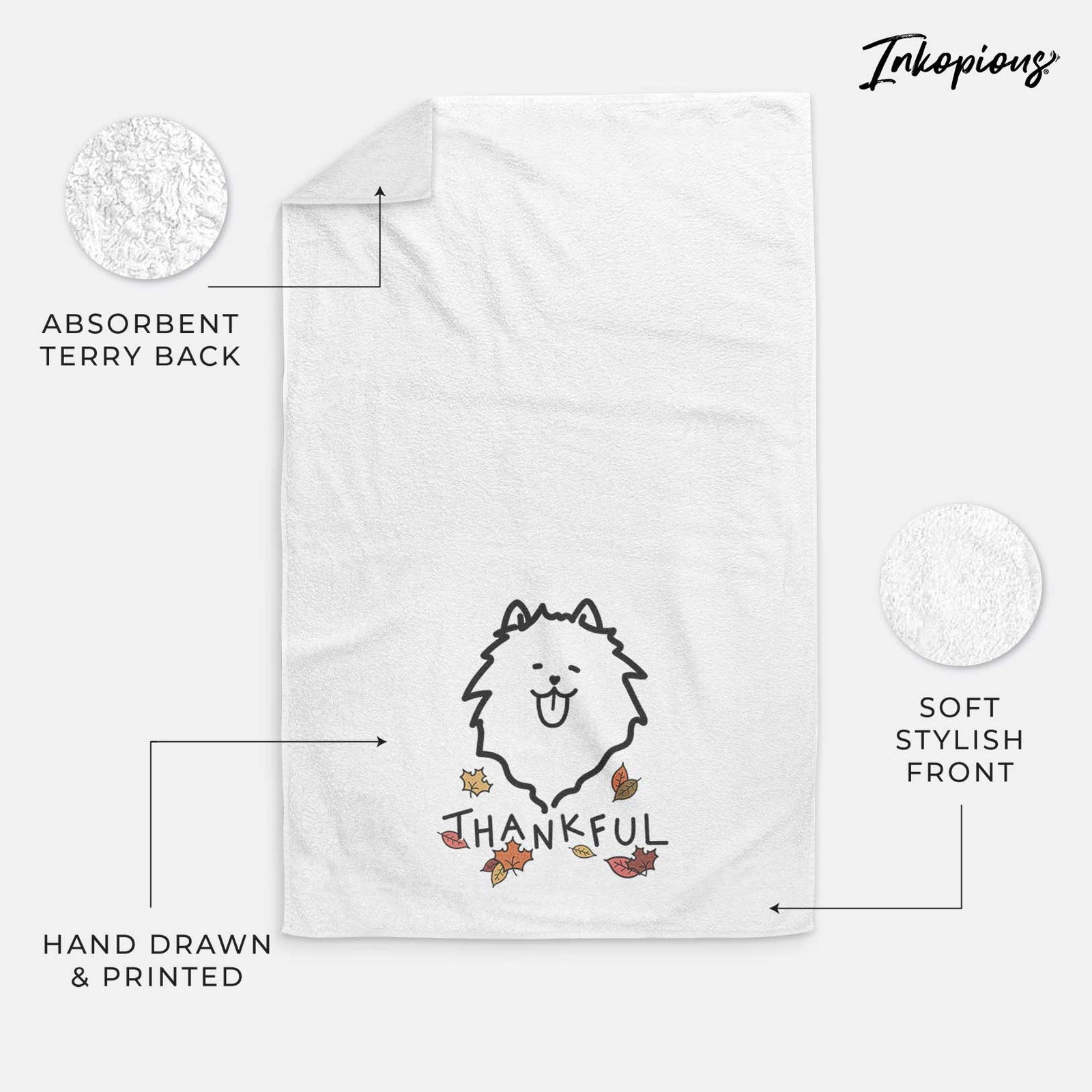 Minimalist line drawing of a Pomeranian with 'Thankful' lettering on a decorative hand towel