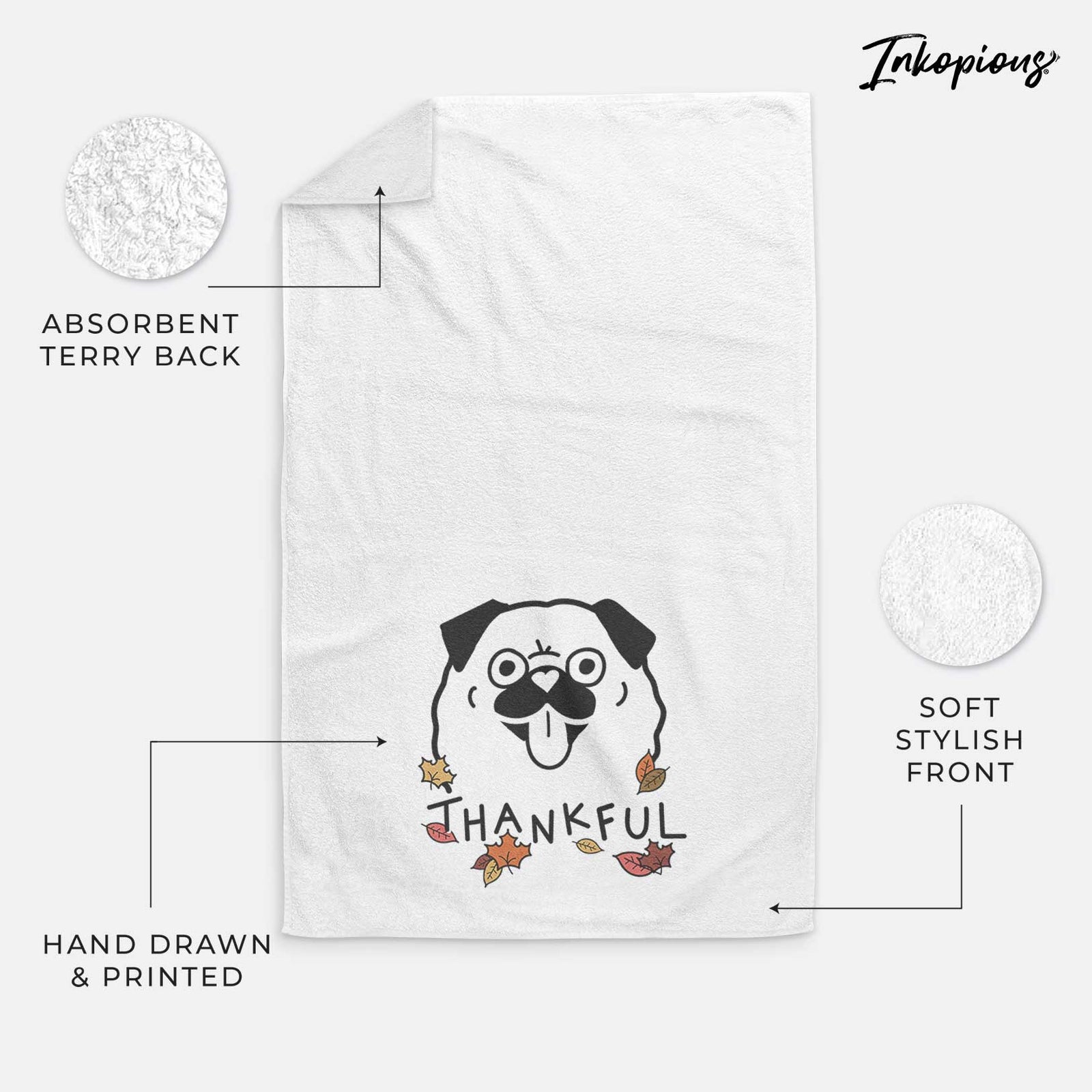 Minimalist line drawing of a Pug with 'Thankful' lettering on a decorative hand towel