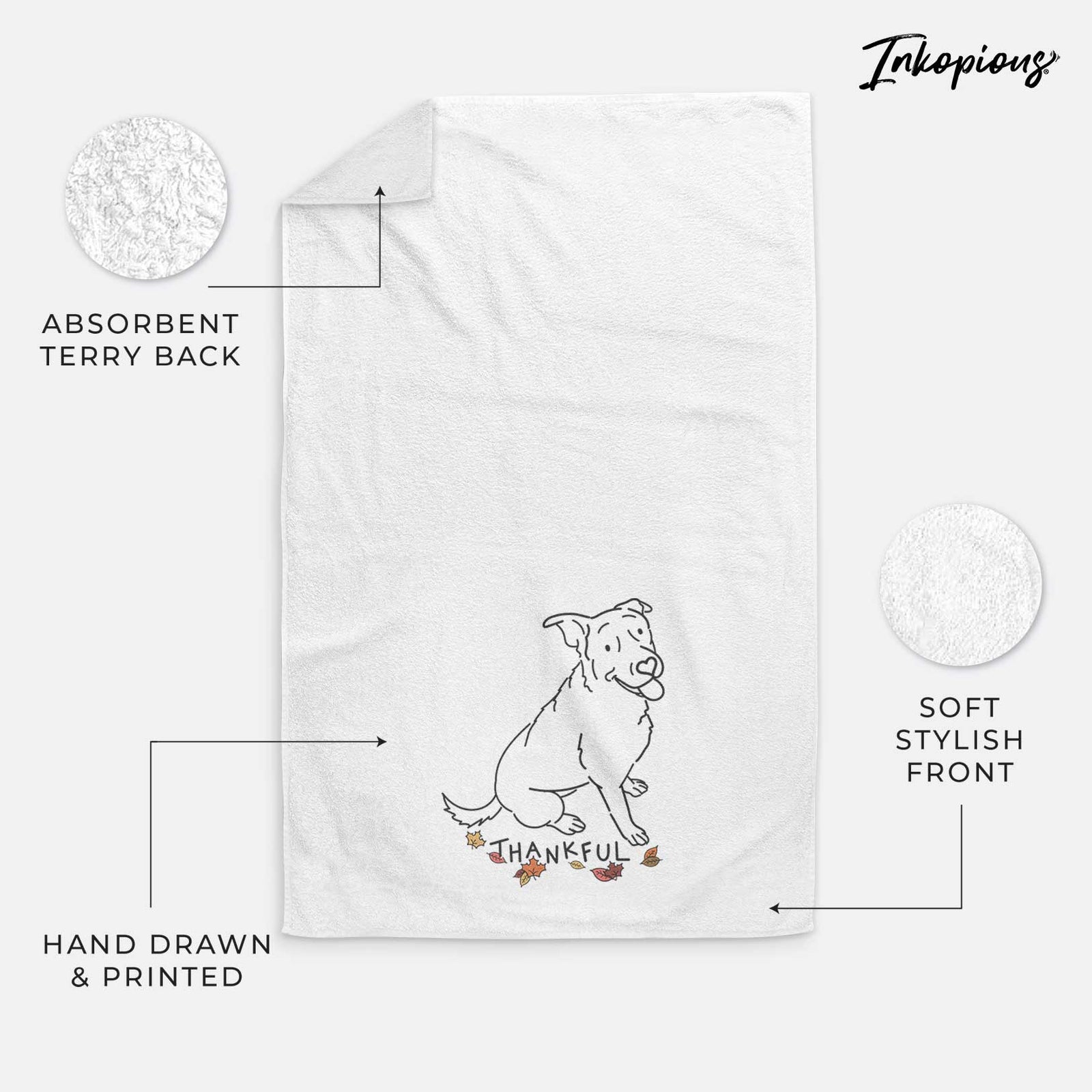 Minimalist line drawing of Rocky the Rottweiler Mix with 'Thankful' lettering on a decorative hand towel