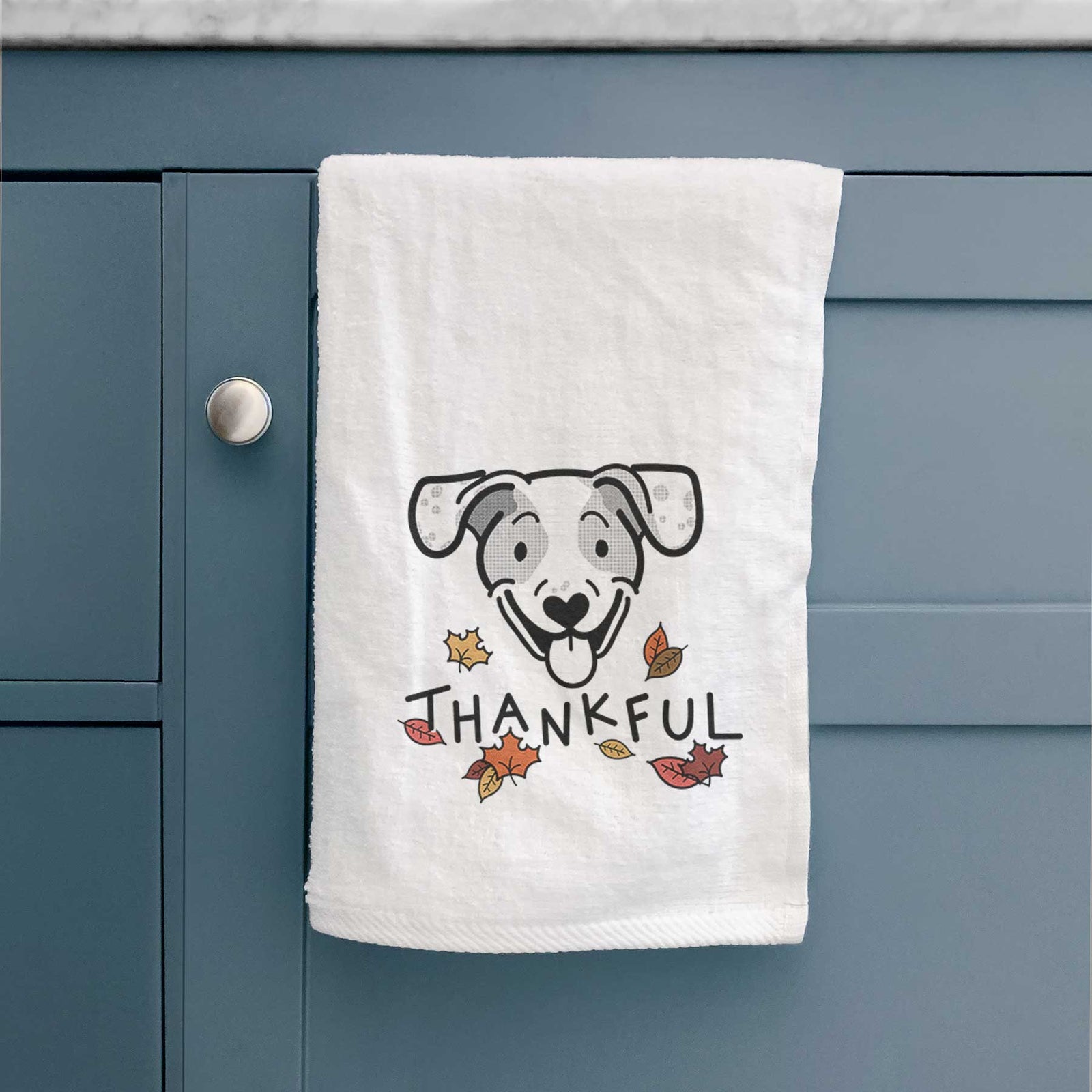 Minimalist line drawing of Roland the Beagle Mix with 'Thankful' lettering on a decorative hand towel