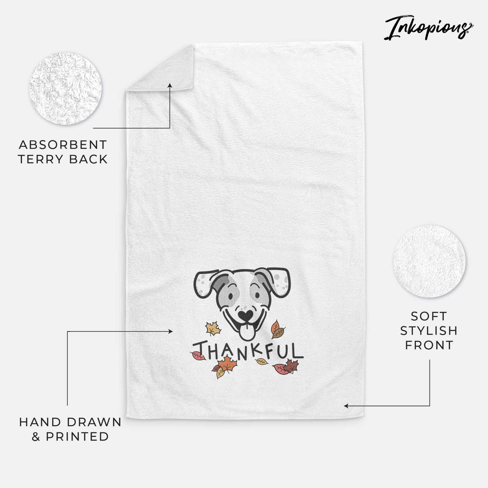 Minimalist line drawing of Roland the Beagle Mix with 'Thankful' lettering on a decorative hand towel