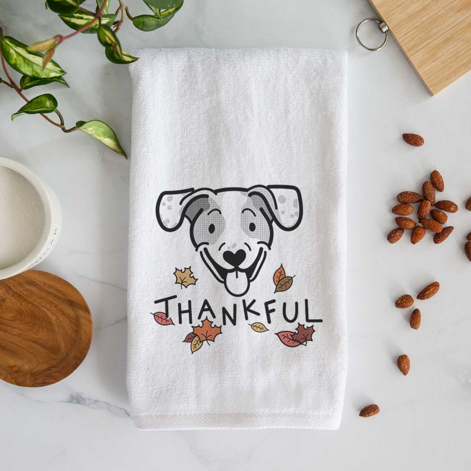 Minimalist line drawing of Roland the Beagle Mix with 'Thankful' lettering on a decorative hand towel