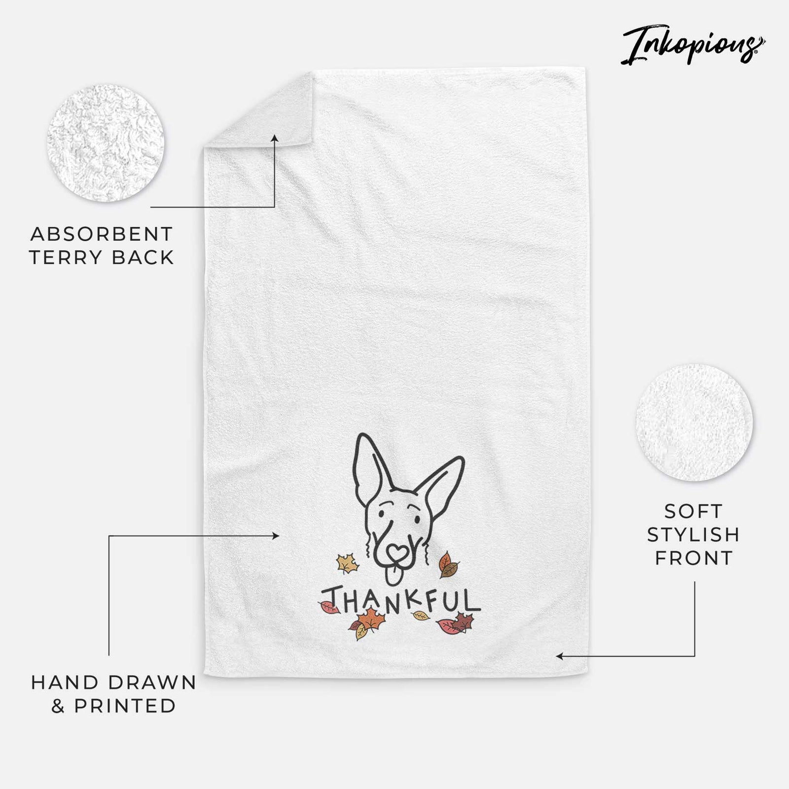 Minimalist line drawing of Rosie the Shepherd Mix with 'Thankful' lettering on a decorative hand towel