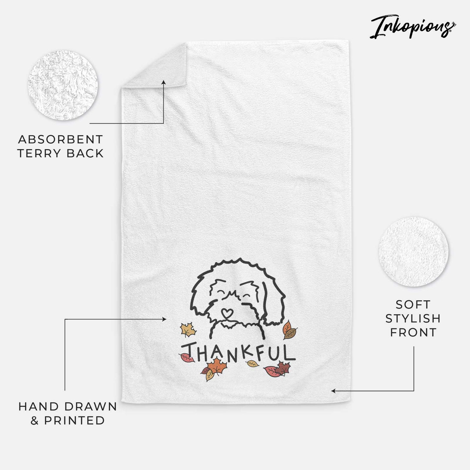 Minimalist line drawing of a Schnoodle with 'Thankful' lettering on a decorative hand towel