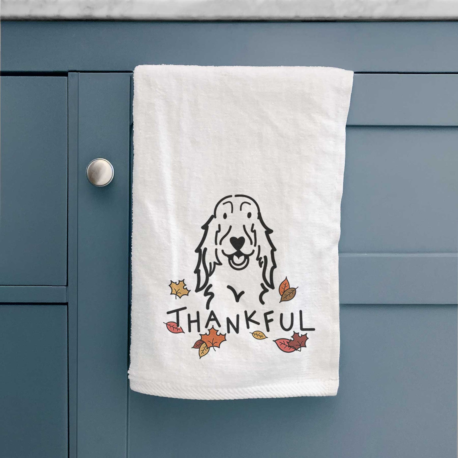 Minimalist line drawing of a Setter with 'Thankful' lettering on a decorative hand towel