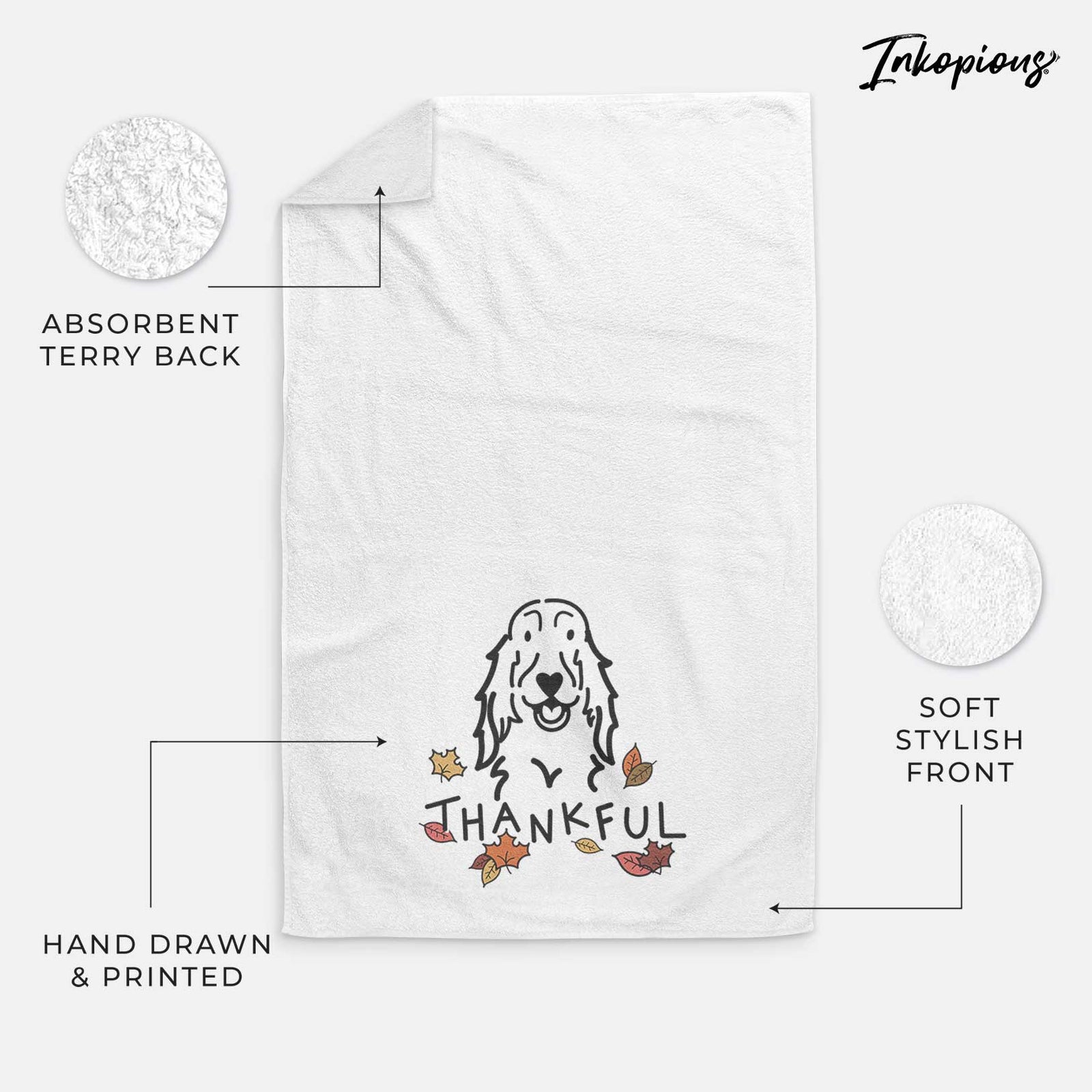 Minimalist line drawing of a Setter with 'Thankful' lettering on a decorative hand towel