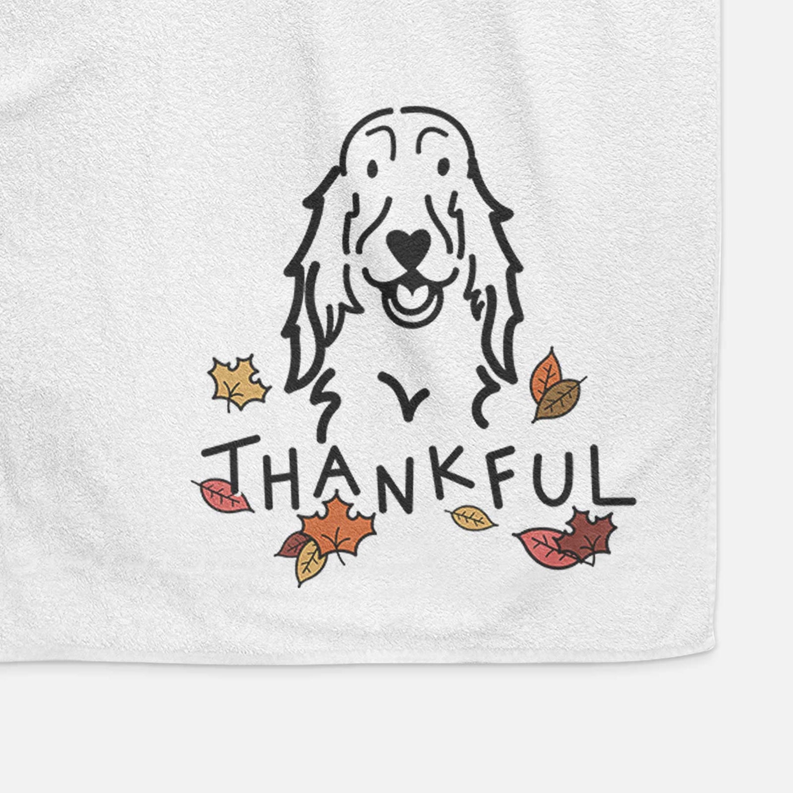 Minimalist line drawing of a Setter with 'Thankful' lettering on a decorative hand towel