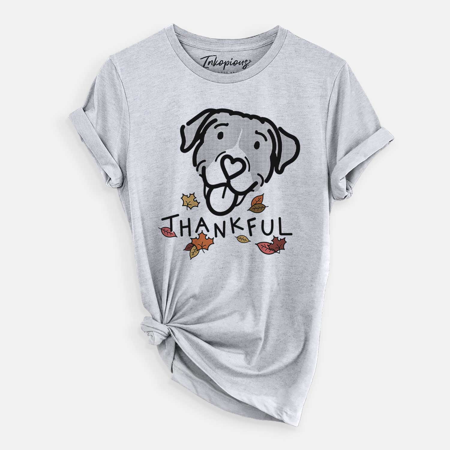 Minimalist line drawing of Shadow the Pitbull Mix with 'Thankful' lettering on a Grey Unisex crewneck
