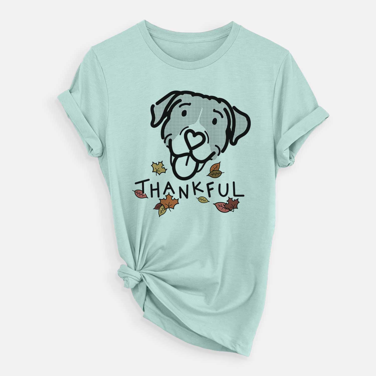 Minimalist line drawing of Shadow the Pitbull Mix with 'Thankful' lettering on a Heather Sage Unisex crewneck