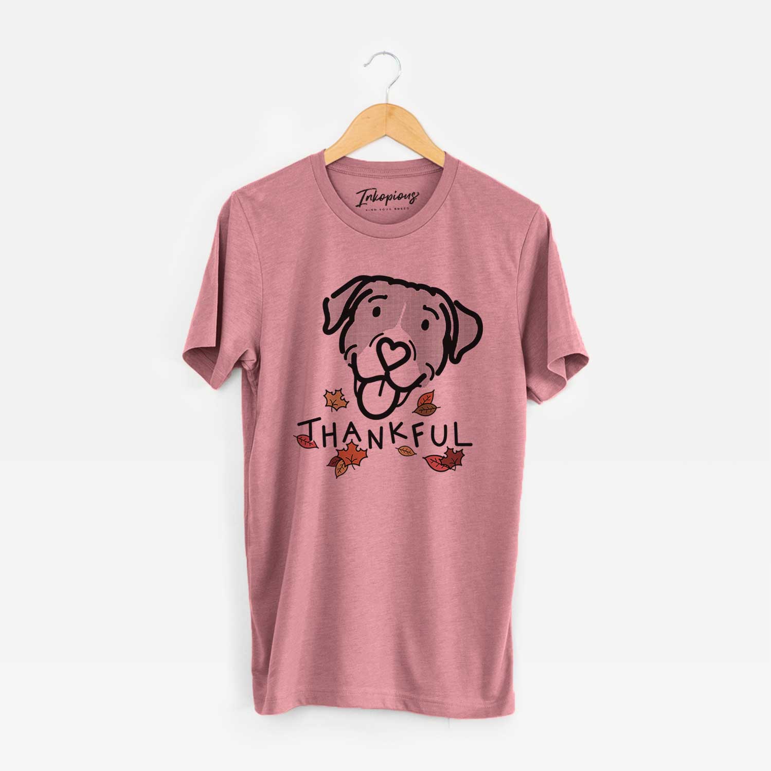 Minimalist line drawing of Shadow the Pitbull Mix with 'Thankful' lettering on a Mauve Unisex crewneck