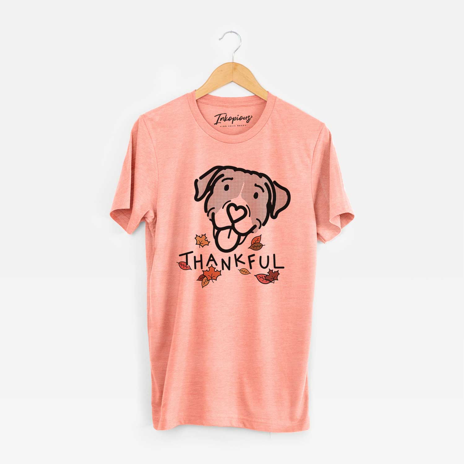 Minimalist line drawing of Shadow the Pitbull Mix with 'Thankful' lettering on a Sunset Unisex crewneck