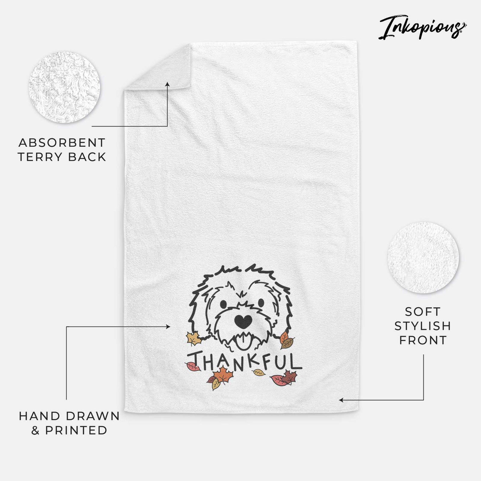 Minimalist line drawing of Sprinkles the Cockapoo with 'Thankful' lettering on a decorative hand towel
