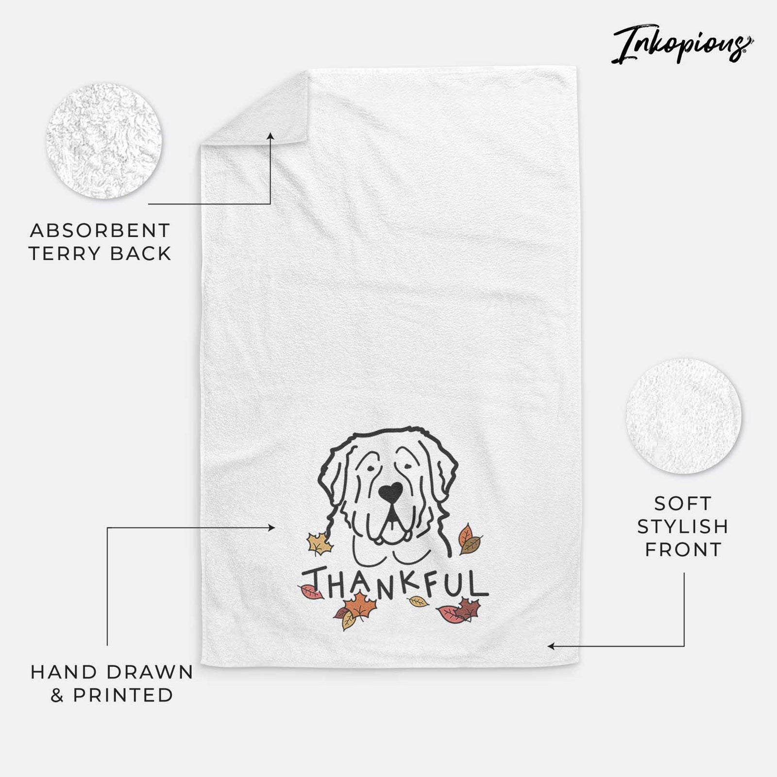 Minimalist line drawing of a Saint Bernard with 'Thankful' lettering on a decorative hand towel