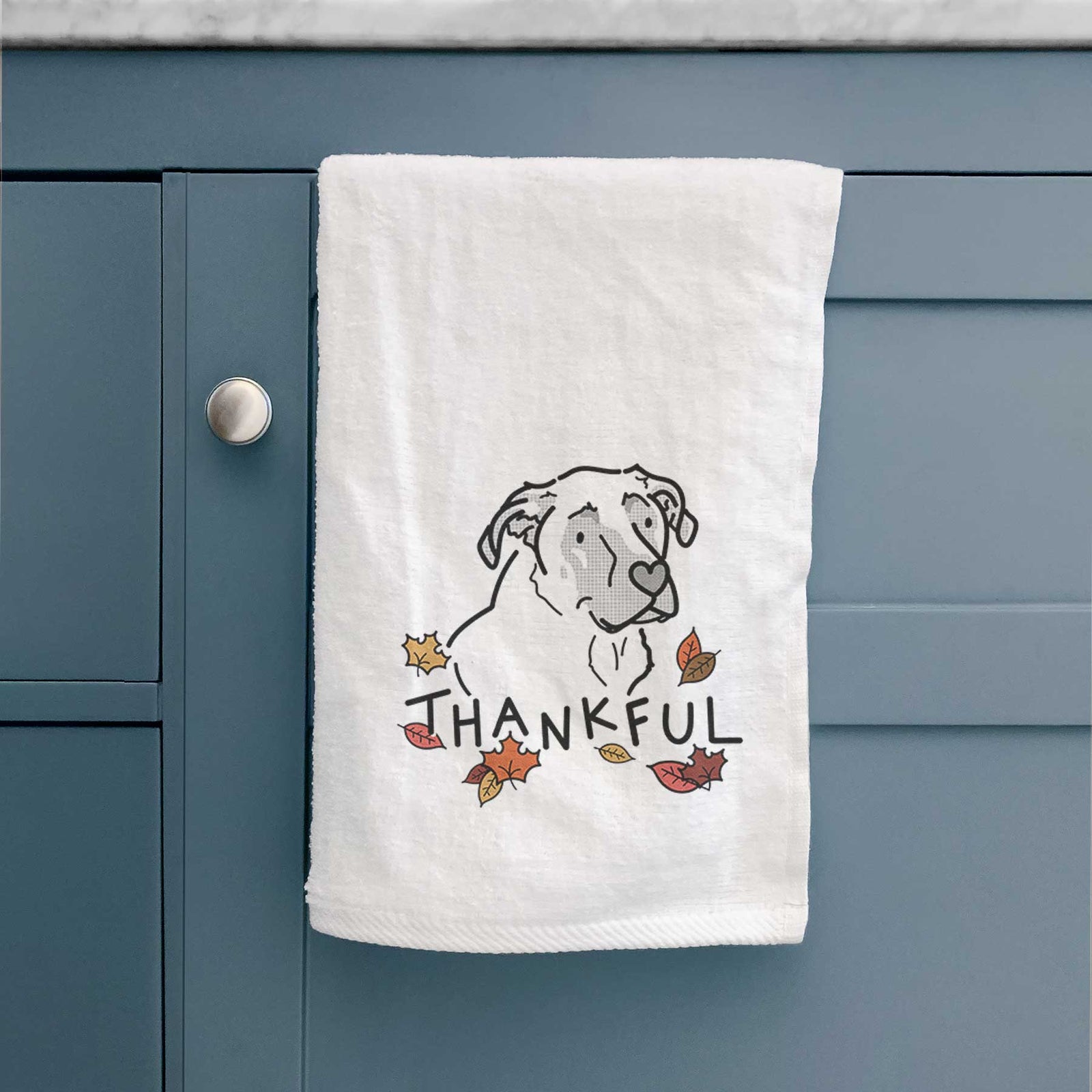 Minimalist line drawing of Tank the Mastiff German Shepherd Mix with 'Thankful' lettering on a decorative hand towel