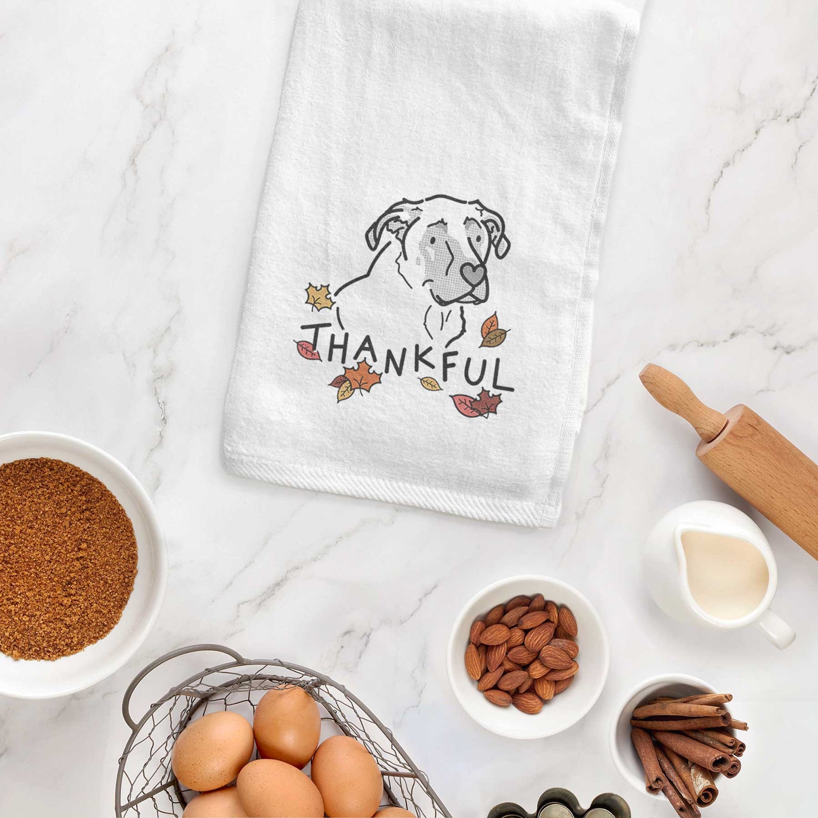 Minimalist line drawing of Tank the Mastiff German Shepherd Mix with 'Thankful' lettering on a decorative hand towel