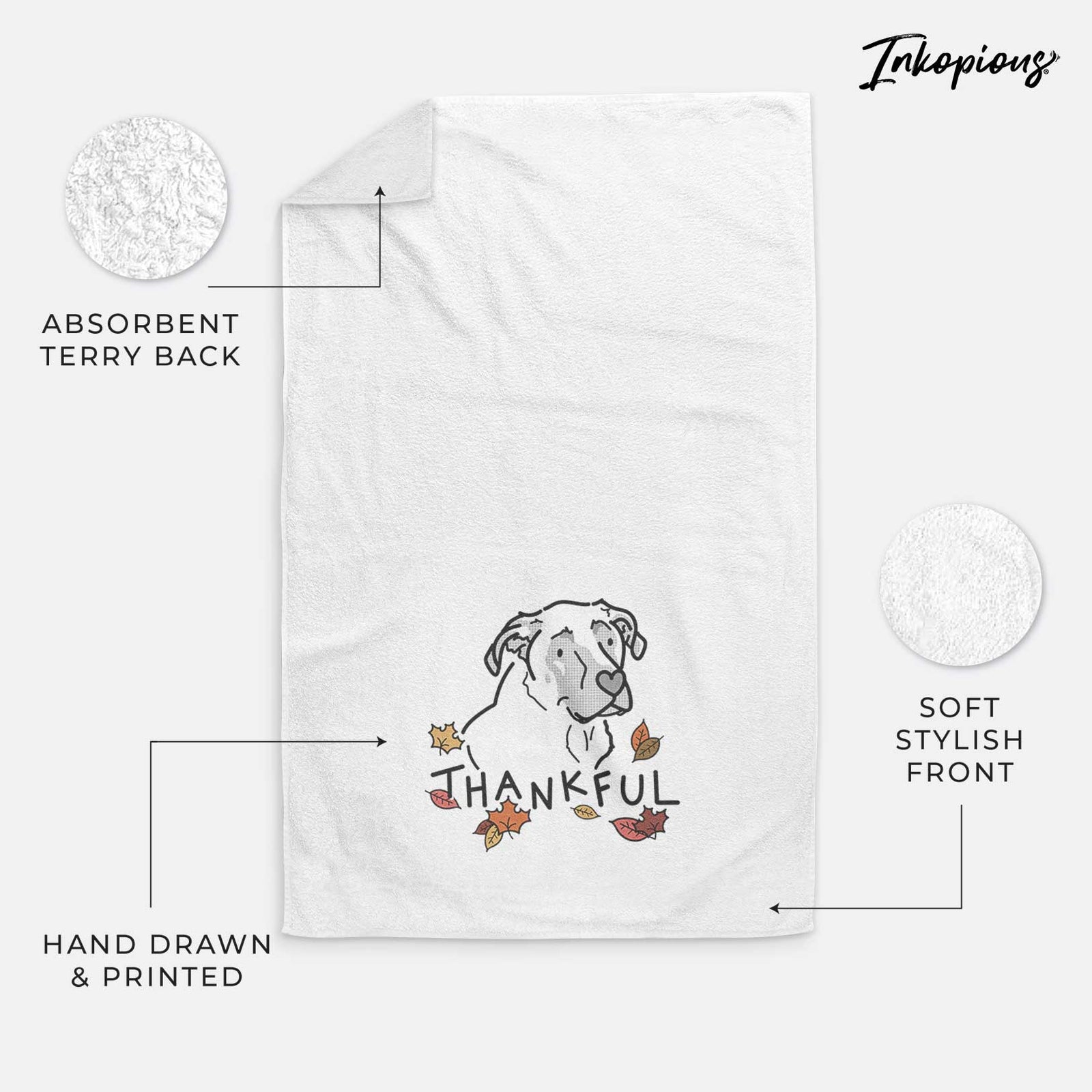 Minimalist line drawing of Tank the Mastiff German Shepherd Mix with 'Thankful' lettering on a decorative hand towel