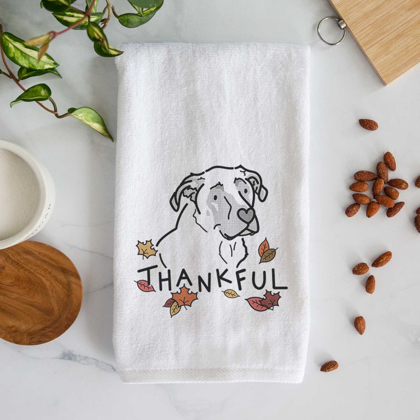 Minimalist line drawing of Tank the Mastiff German Shepherd Mix with 'Thankful' lettering on a decorative hand towel