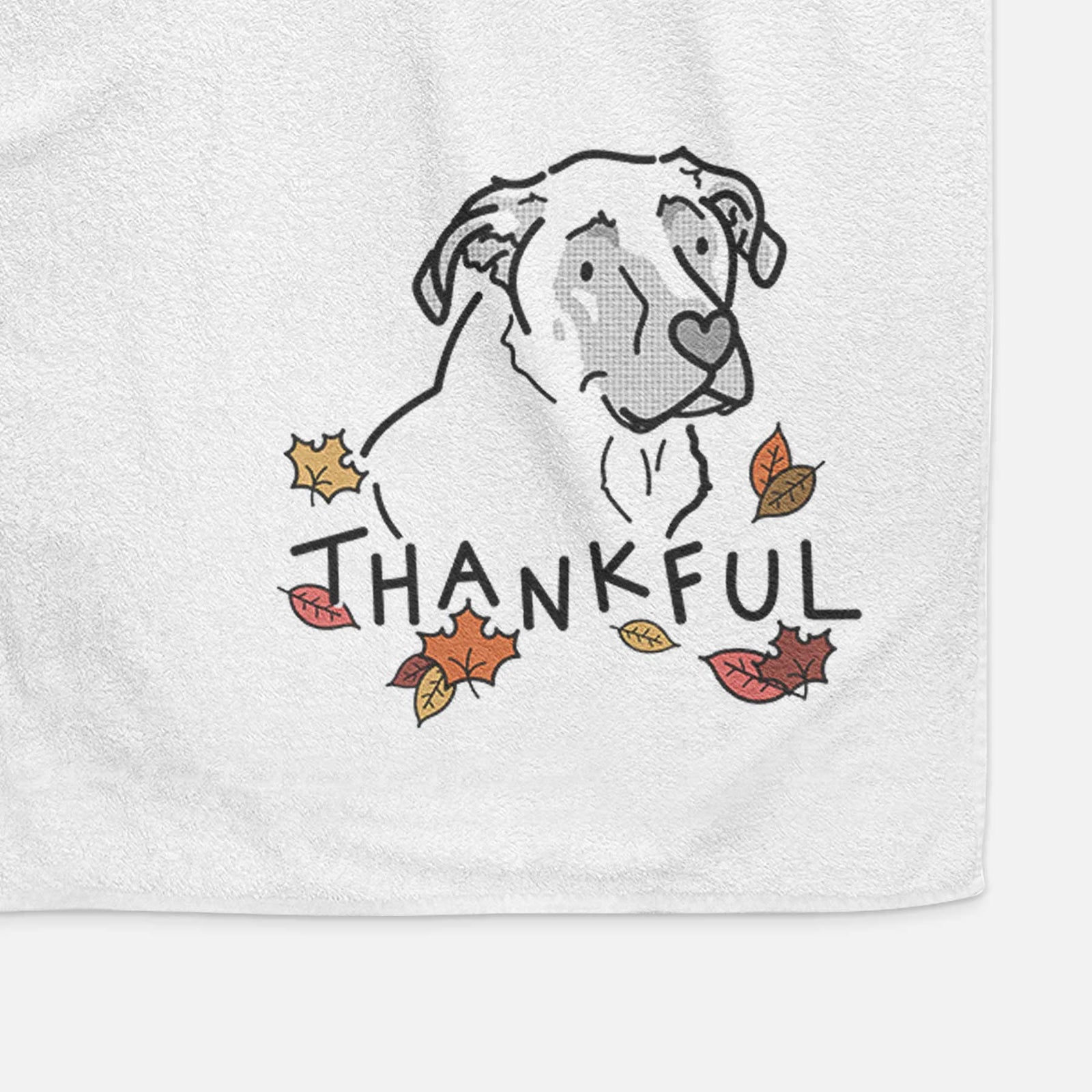 Minimalist line drawing of Tank the Mastiff German Shepherd Mix with 'Thankful' lettering on a decorative hand towel